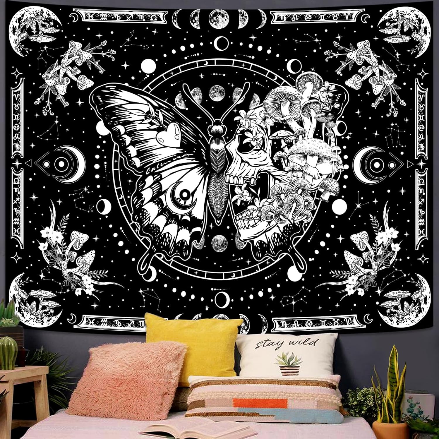 Tapiz de esqueleto y mariposa, diseño de calavera en blanco y negro, diseño de hongos, tapiz estético hippie para colgar en la pared para