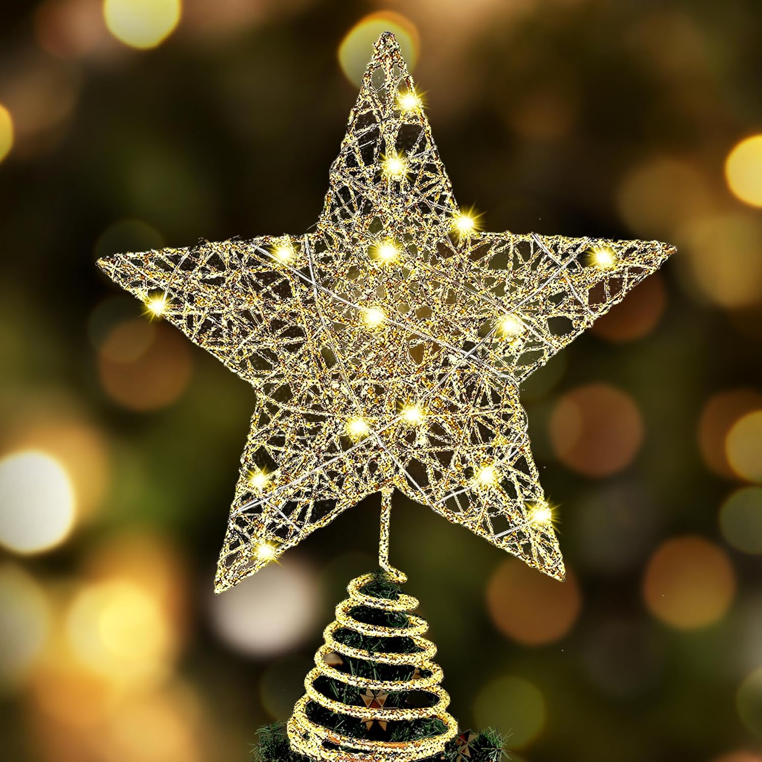 KatchOn, Estrella dorada iluminada para árbol de Navidad, 20 LED, 10 pulgadas, estrella para decoración de árbol de Navidad, decoración de estrella