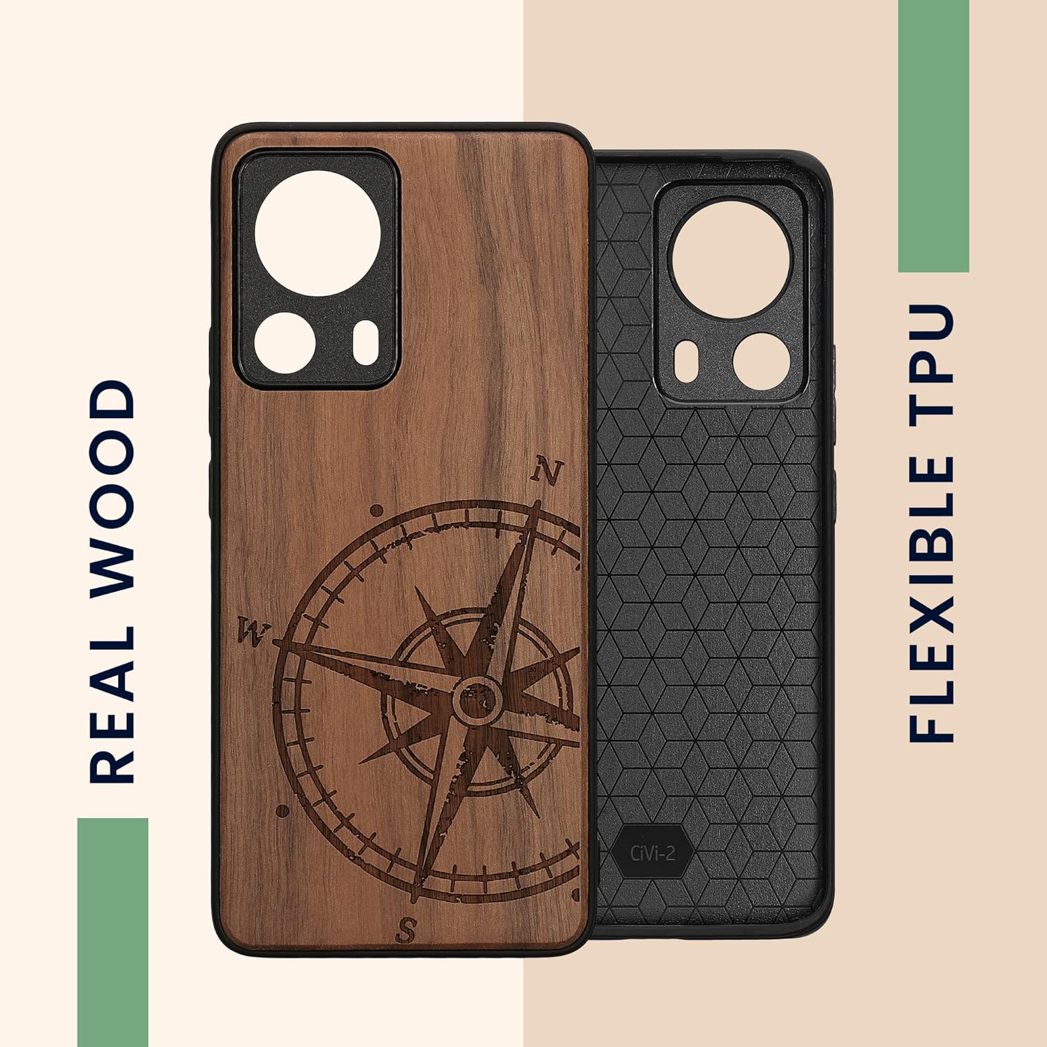 kwmobile Funda de madera compatible con Xiaomi 13 Lite 5G – Funda – Brújula de navegación marrón oscuro