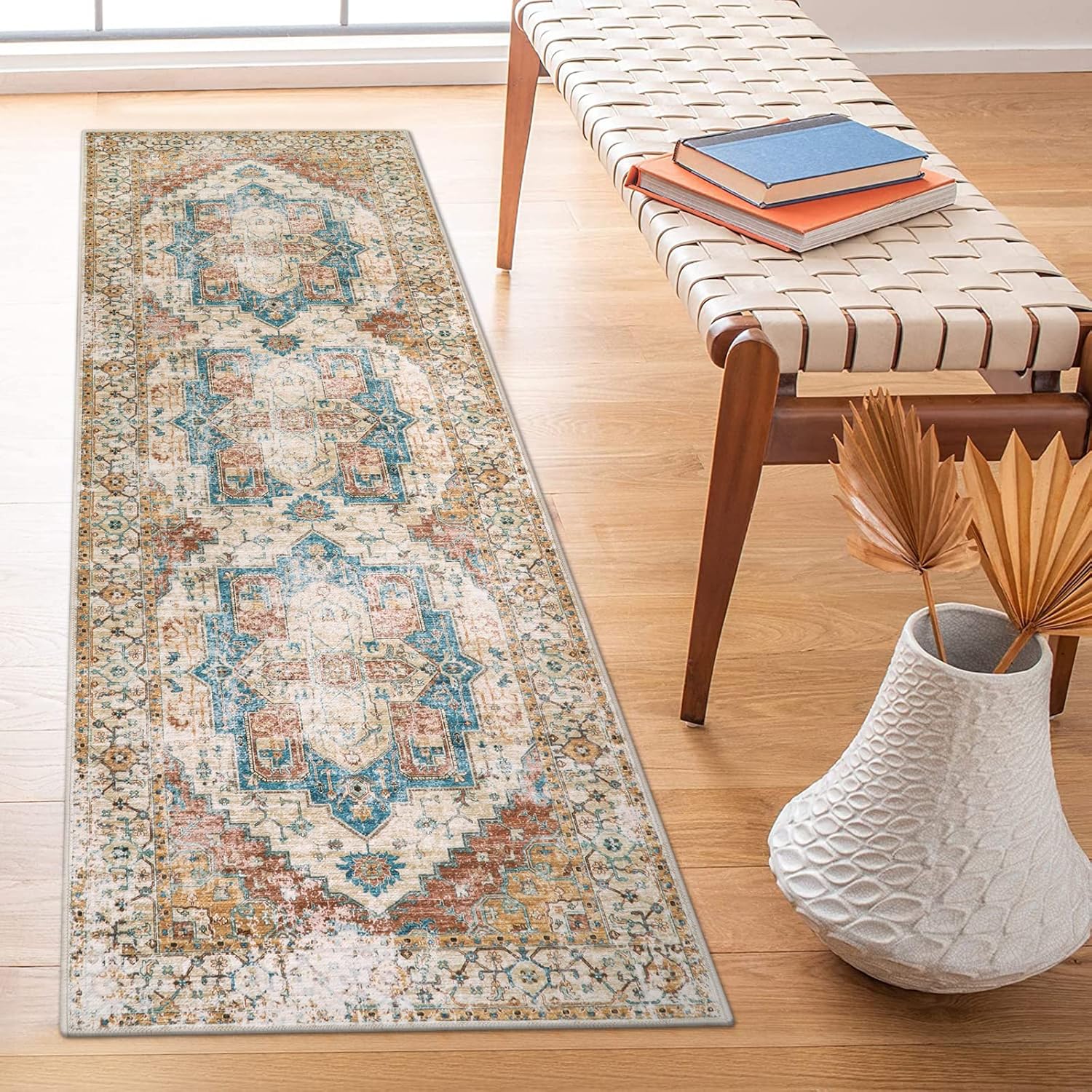 Lanffia Alfombra bohemia con diseño floral, lavable de 2 x 6 pies, estilo oriental, envejecida, antideslizante, no desprende pelusa, alfombra de