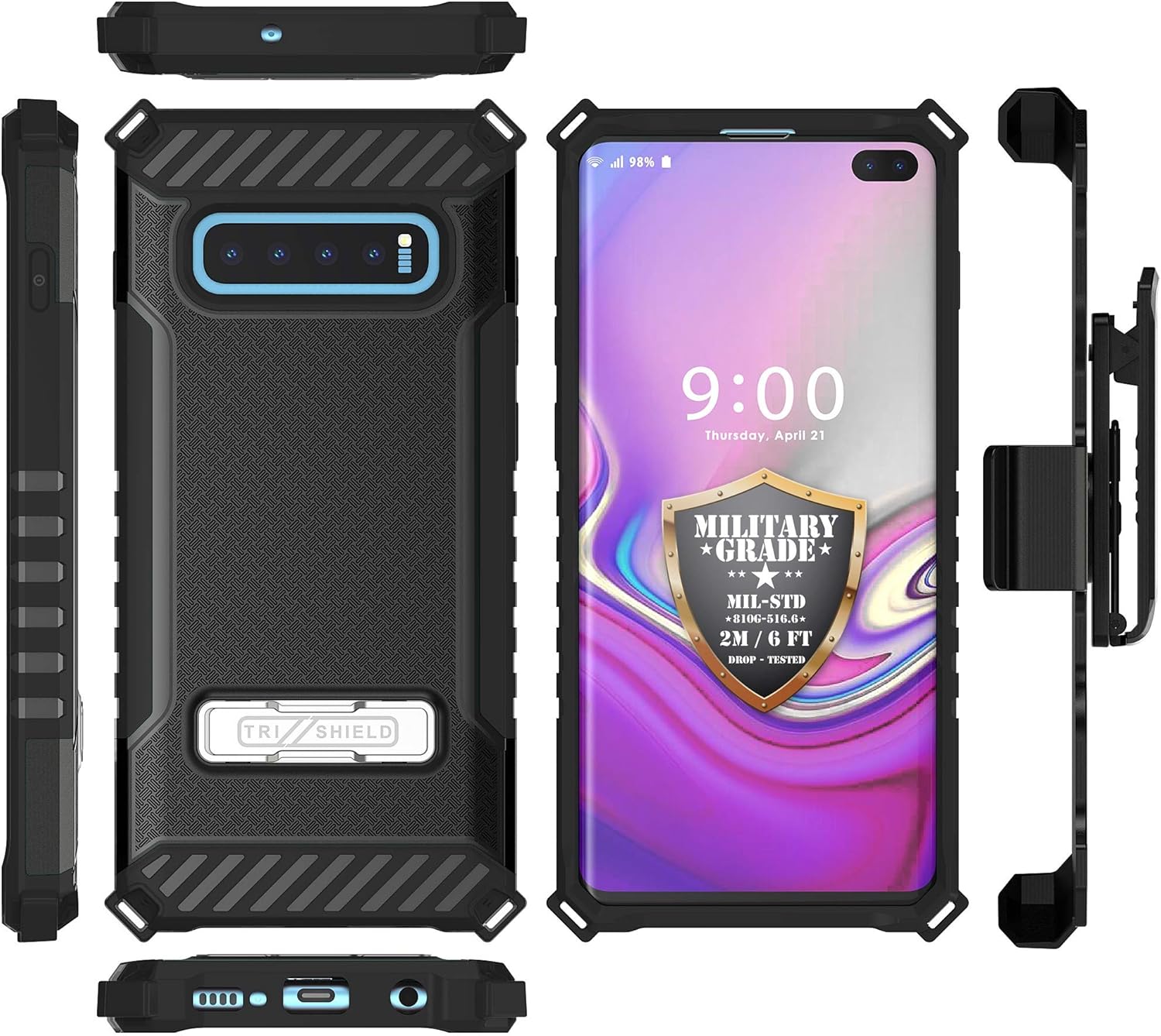 Beyond Cell Serie Trishield compatible con funda S10+, cubierta resistente de grado militar + soporte de metal + funda de clip para cinturón –