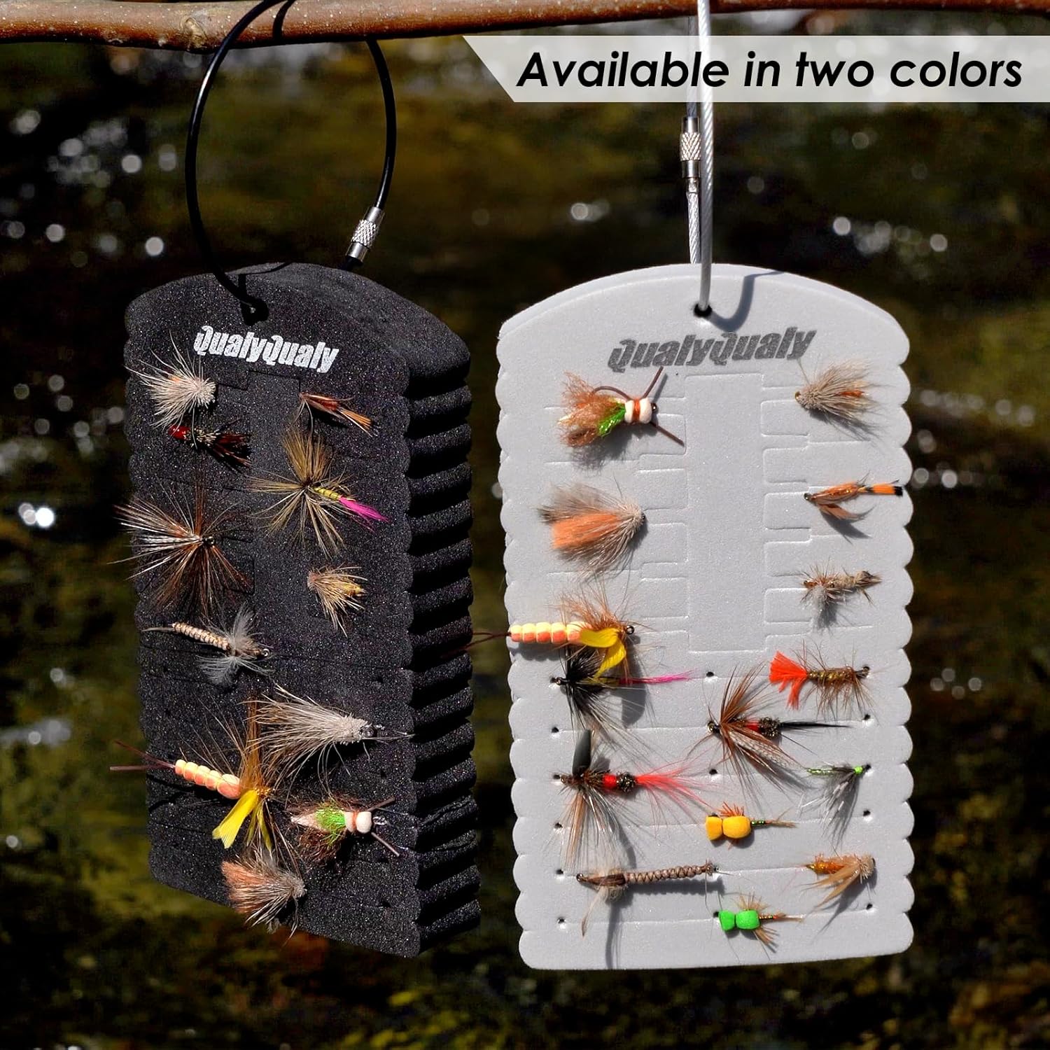 QualyQualy Parche para moscas, paquete de 2 goteros, tarjeta de espuma ligera, accesorios de pesca con mosca para moscas y serpentinas