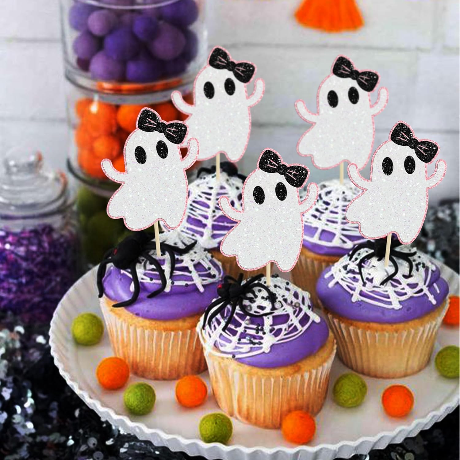 Gyufise 24 adornos de fantasmas para cupcakes con purpurina rosa para Halloween, fantasma, baby shower, decoración de cupcakes, comida fantasma,