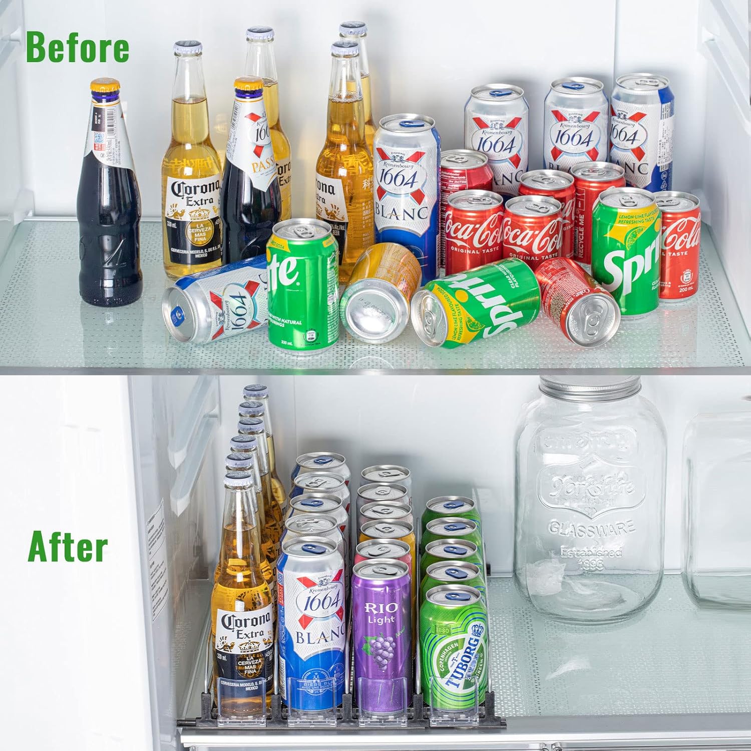 Rula Organizador de bebidas para refrigerador, dispensador de latas de soda autoempujable para refrigerador, negro, 4 filas, 16.2 pulgadas de