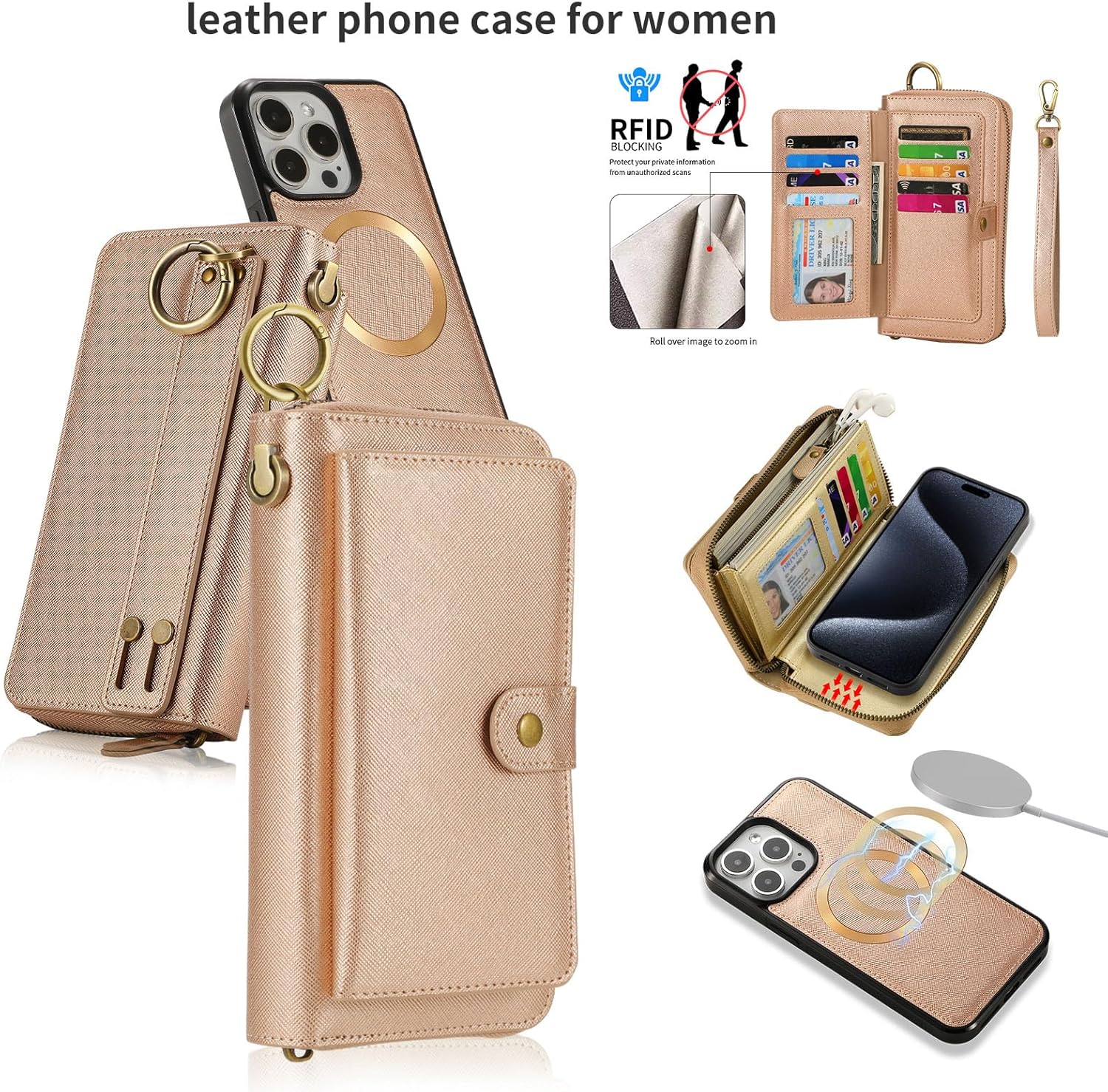 Funda para iPhone 15 Plus compatible con iPhone 15 Plus para mujeres y hombres, funda de piel con cierre de pulseras, cartera de piel con cierre