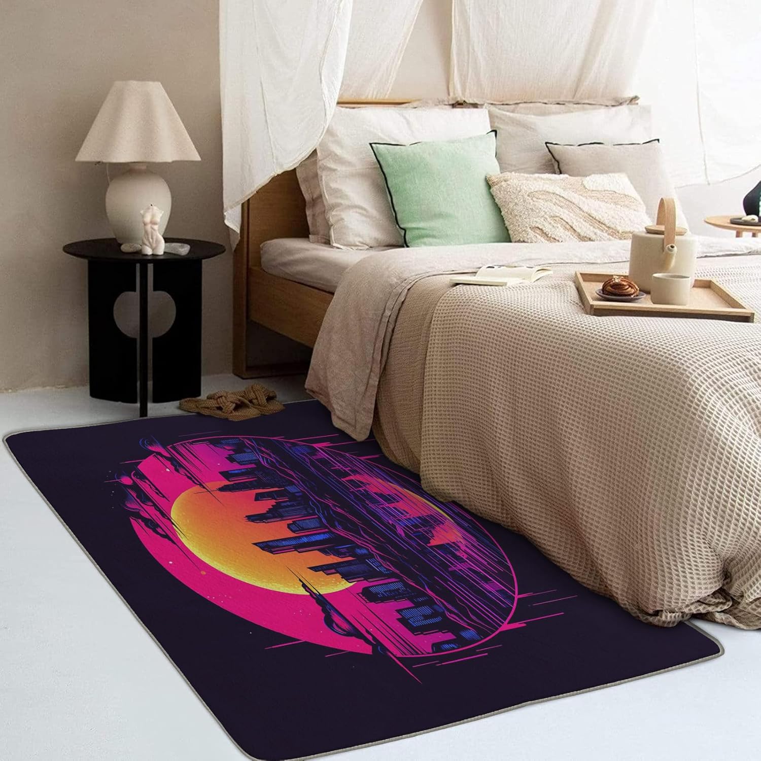 Alfombra neón de ciudad y decoración del hogar, alfombra de 3 x 4 pies, alfombras de paisaje urbano para sala de estar, dormitorio, alfombra