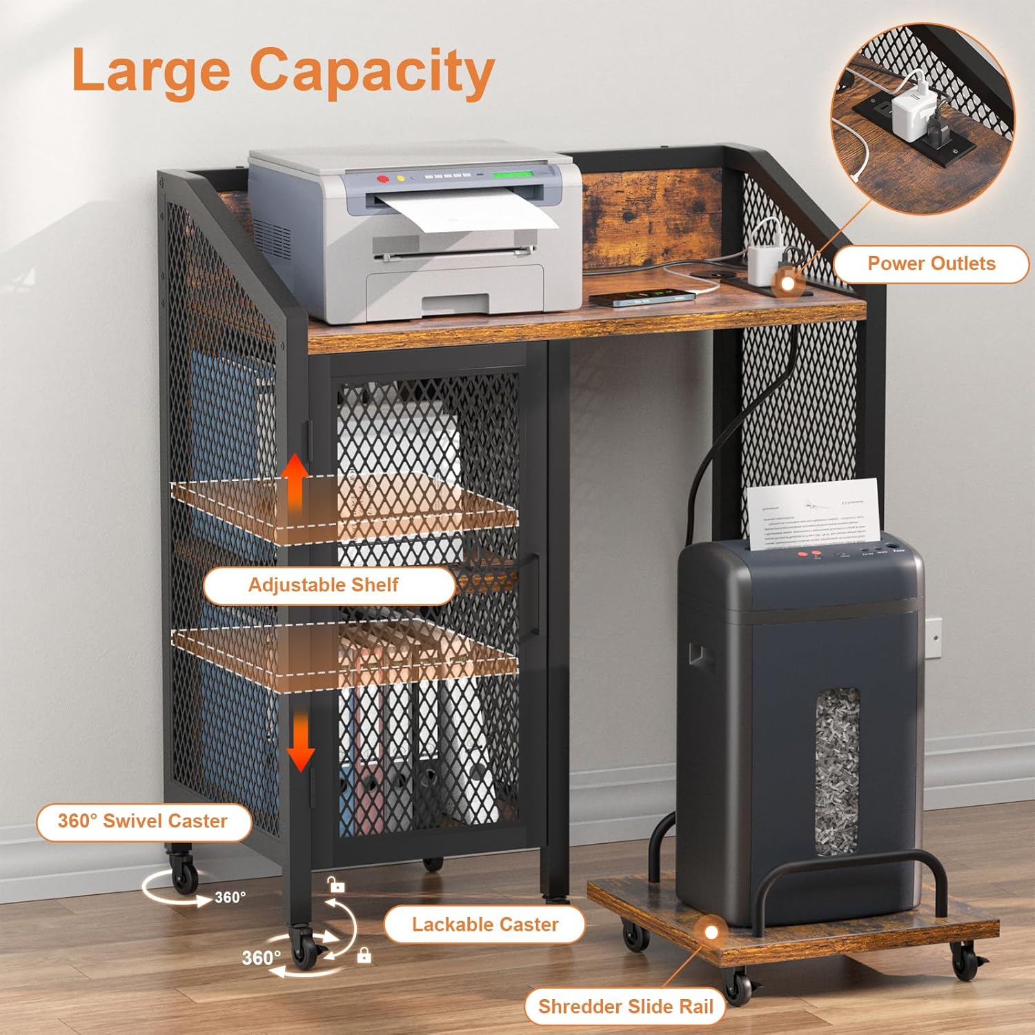 LOWOSA Soportes de impresora para el hogar de 3 niveles con almacenamiento, archivador rodante con estación de carga, mesa de impresora, mesa
