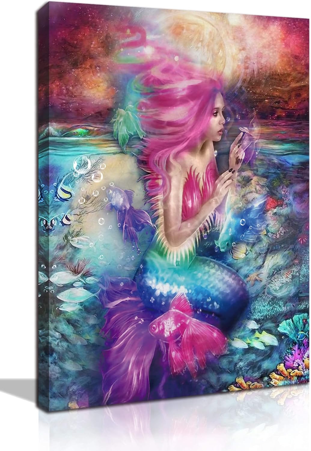 Xxliren Lienzo decorativo para pared de baño con imágenes de sirena, decoración de habitación de sirena rosa para dormitorio de niñas, tamaño de