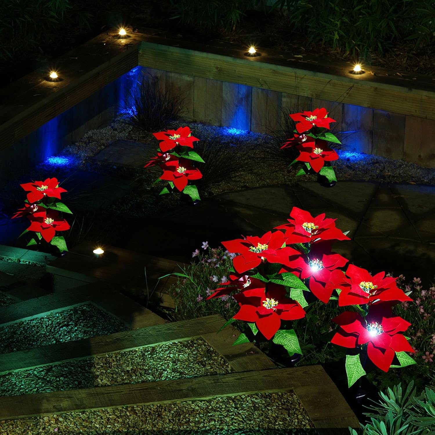 BYLOZA 2 luces solares de jardín, flores de pascua solares para paisaje, impermeables, flores de Pascua artificiales con luz para camino, jardín,