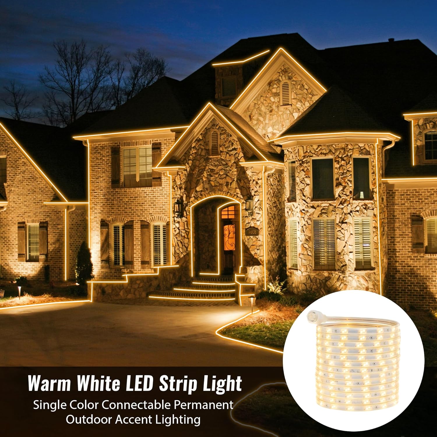 WYZworks Tira de luz LED de 16 modos de luz blanca cálida de 25 pies, SMD 2835, impermeable, conectable, permanente, para exteriores, certificado