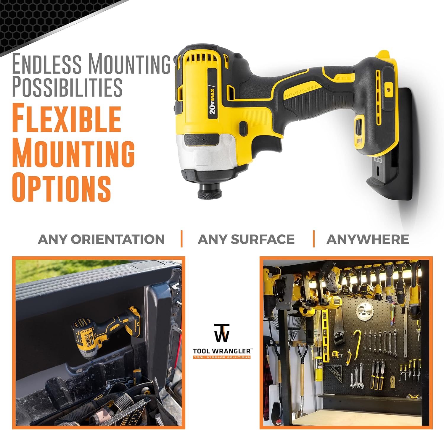 Tool Wrangler Organización para herramientas y baterías Dewalt de 20 V – Negro 8 piezas Combo 5+3  5 portaherramientas Dewalt + 3 soportes de