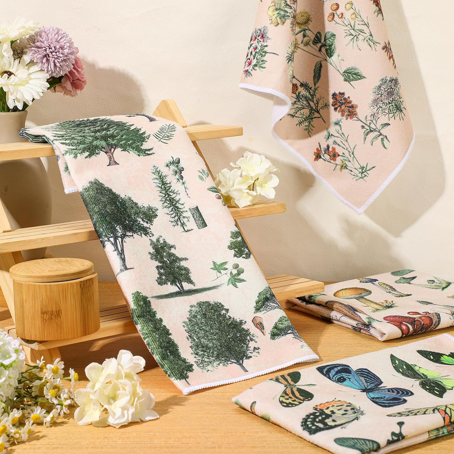 Kajaia 4 toallas de cocina vintage con hongos del bosque, paños de cocina con flores silvestres, toallas de mano con plantas de mariposa, toalla
