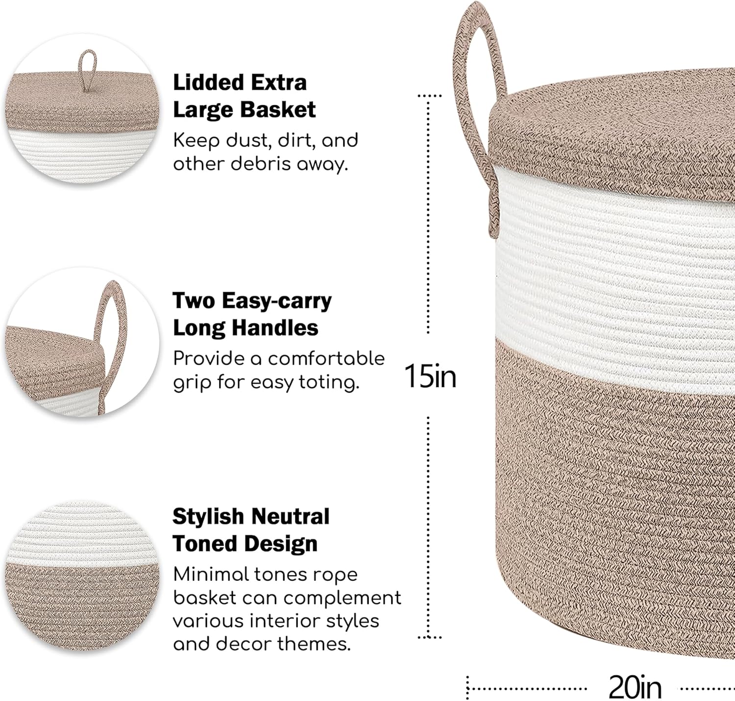 Cesta de almacenamiento grande de 20 x 15 pulgadas con tapa, cesta de manta para sala de estar, cestas de cuerda de algodón tejida para