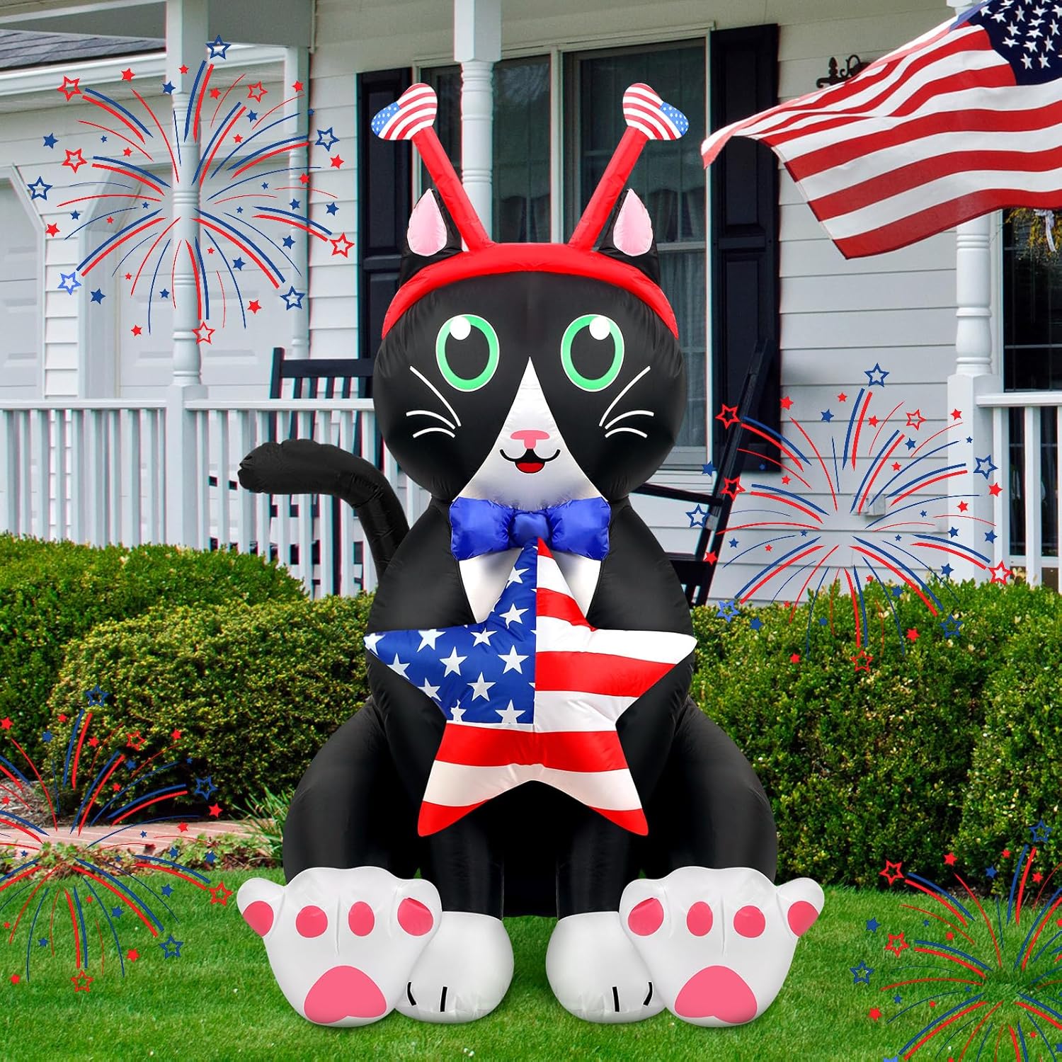 Inflables patrióticos de gato de 5 pies de altura con luces LED integradas para el Día de la Independencia, decoración al aire libre para fiesta del