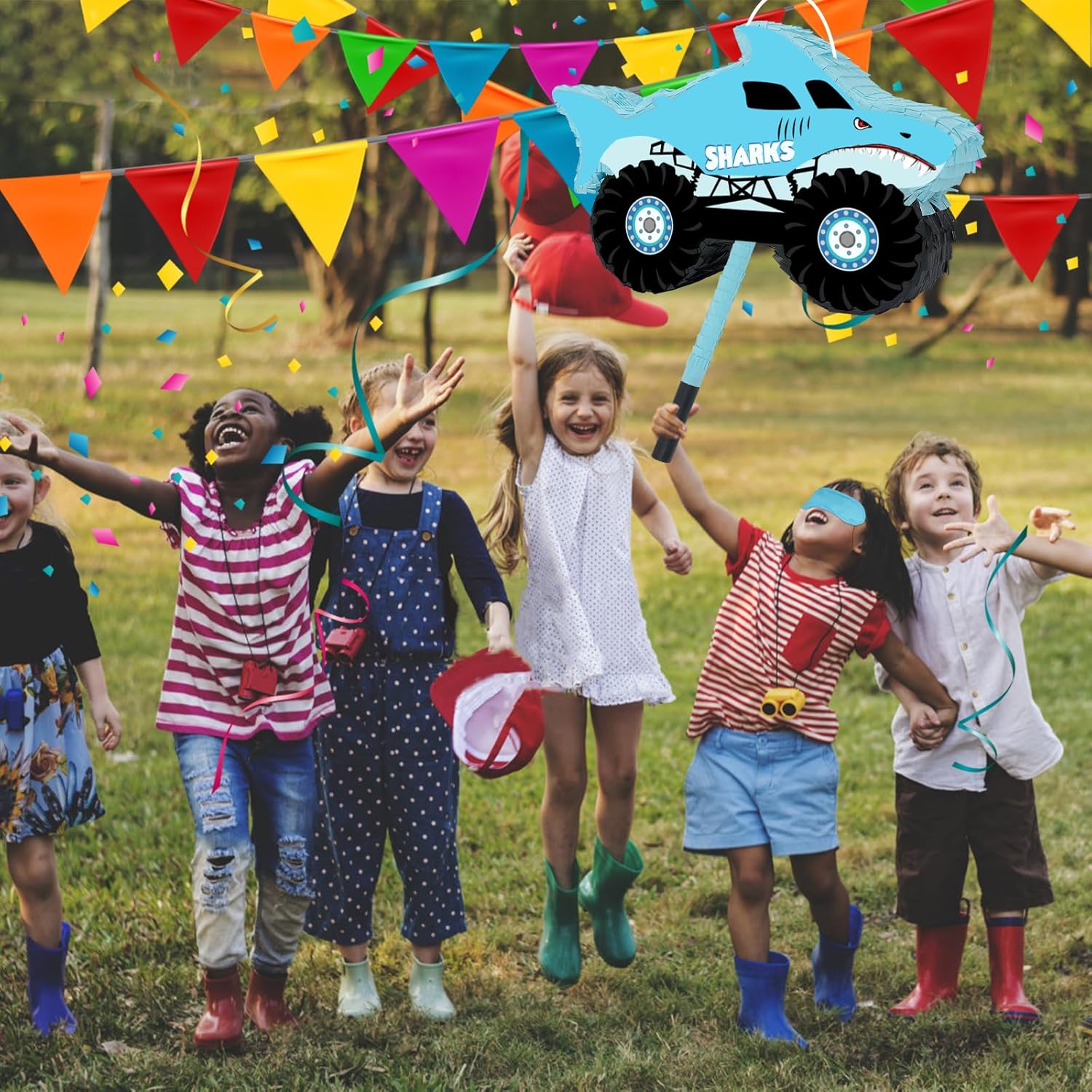 Piñata de camión de tiburón, piñata de camión monstruo con venda y murciélago para niños, decoración de juegos de fiesta de cumpleaños temática de