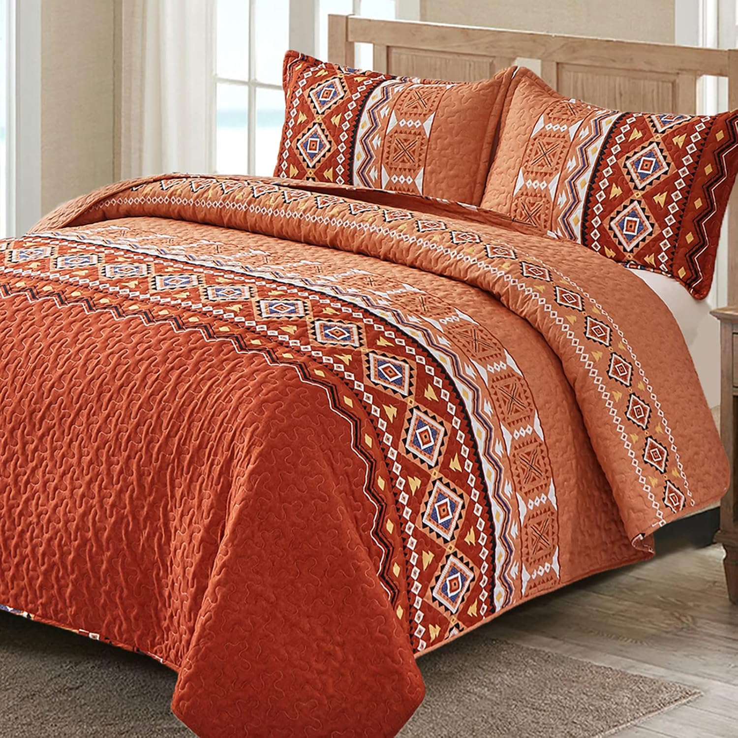 WONGS BEDDING Juego de edredón bohemio California King, 3 piezas, color naranja quemadoóxido, juego de colcha ligera con estampado geométrico con 2