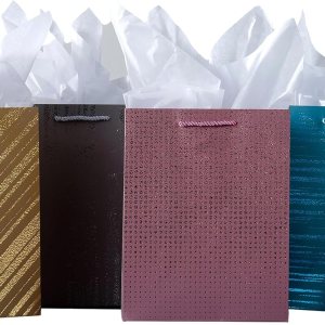 SHIPKEY Paquete de 4 bolsas de regalo pequeñas con papel de seda, 7 x 4 x 9 pulgadas, surtido de bolsas de papel de aluminio dorado, bolsas SHIPKEY Paquete de 4 bolsas de regalo pequeñas con papel de seda, 7 x 4 x 9 pulgadas, surtido de bolsas de papel de aluminio dorado, bolsas