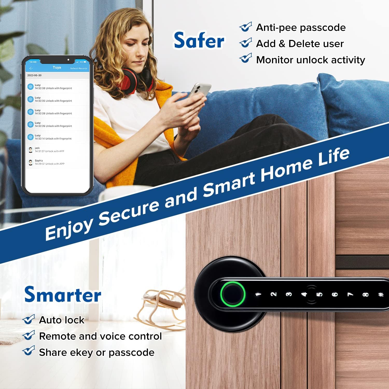 Cerradura de puerta de huella digital inteligente 7 en 1, negro mate, biométrica, sin llave