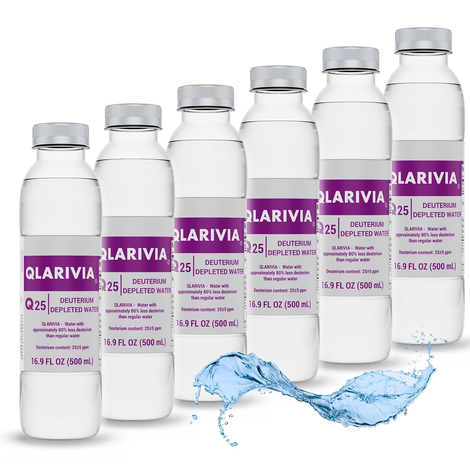QLARIVIA Botella de agua agotada de deuterio  Q25 (paquete de 6)  Agua embotellada premium para mayor longevidad, hidratación mejorada y apoyo