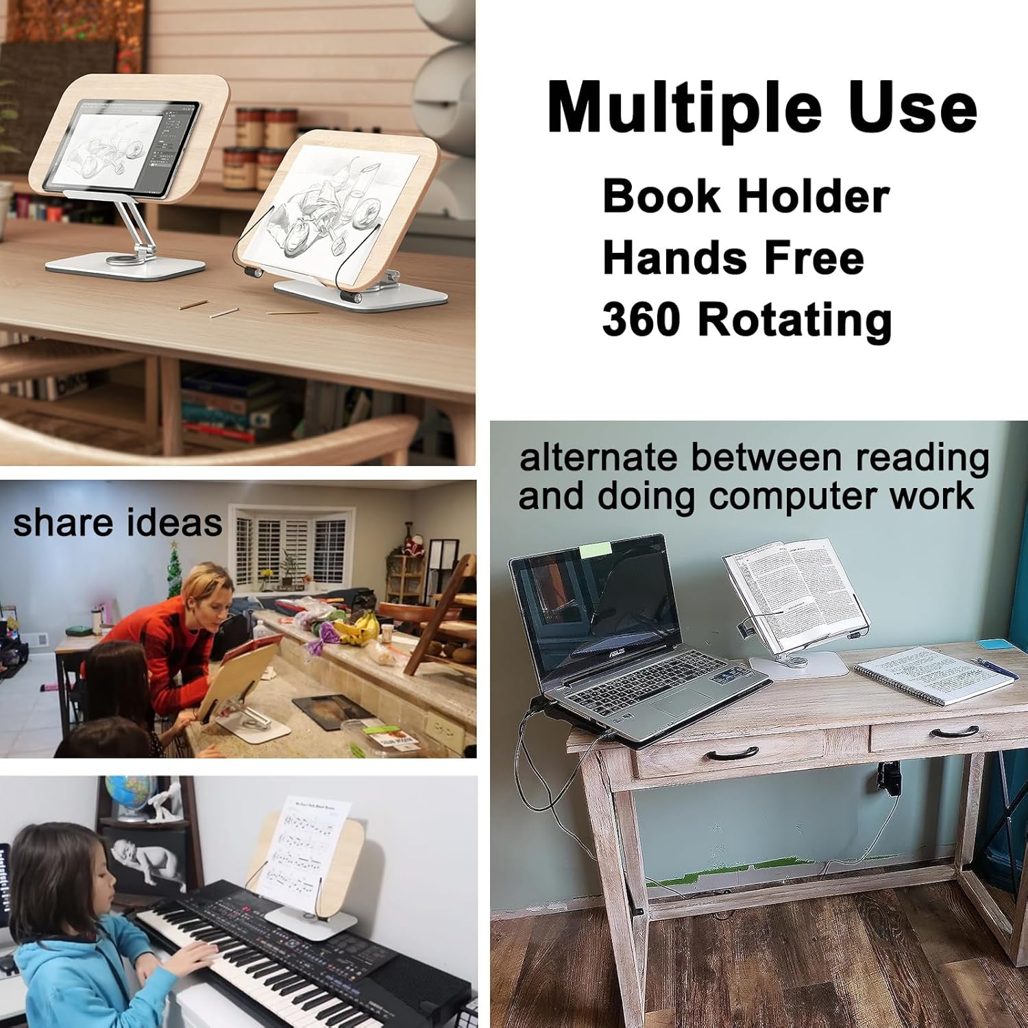 DCHAV Soporte de escritorio plegable para libros de cocina, soporte ajustable para partituras con base giratoria de 360 grados, clip de página de