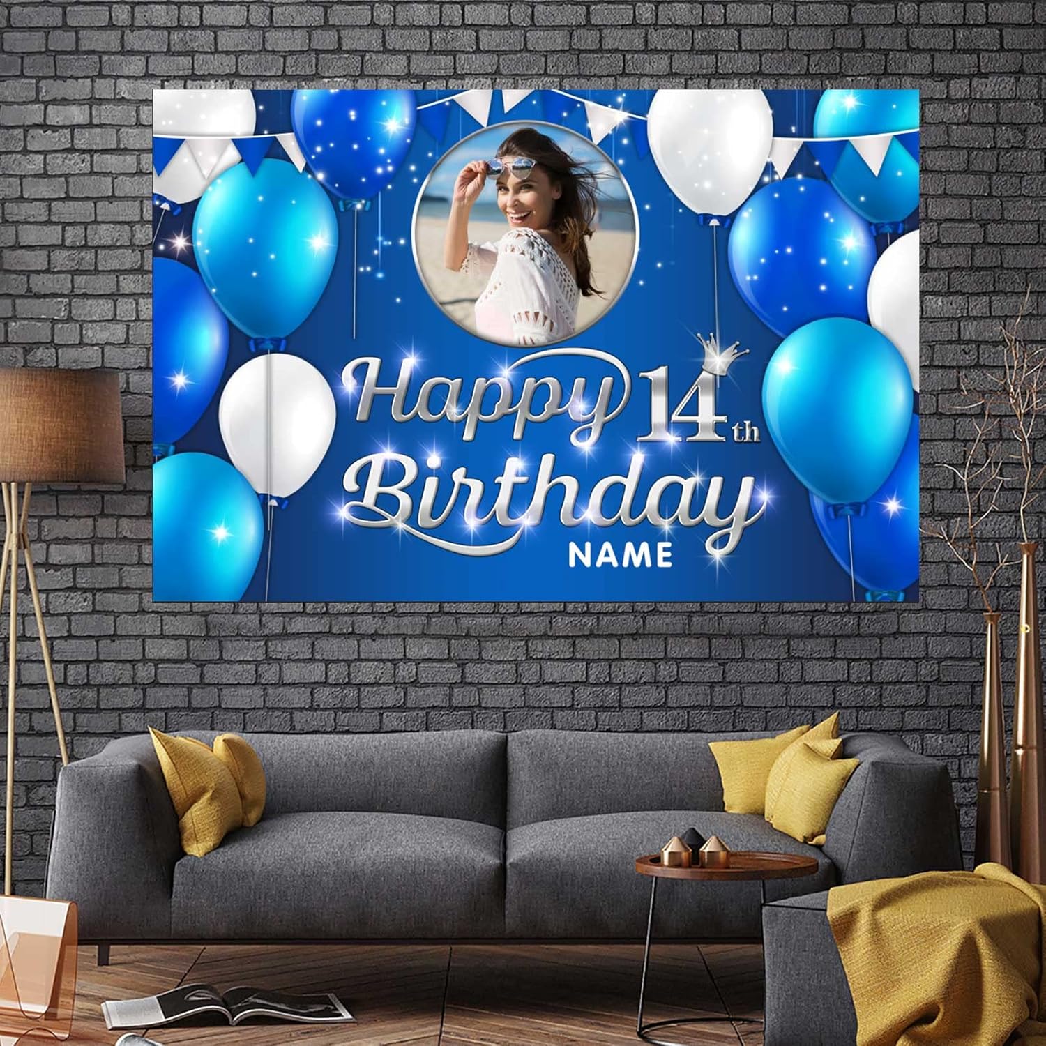 Cartel decorativo de feliz cumpleaños número 14, azul marino, personalizado con fotos y nombres