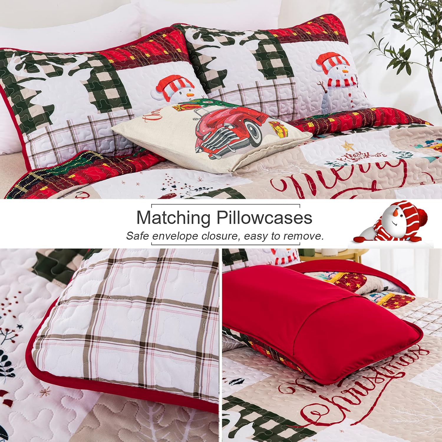Juego de edredón de Navidad tamaño Queen, juego de ropa de cama acolchada con 2 fundas de almohada, diseño de muñeco de nieve, árbol de Navidad,