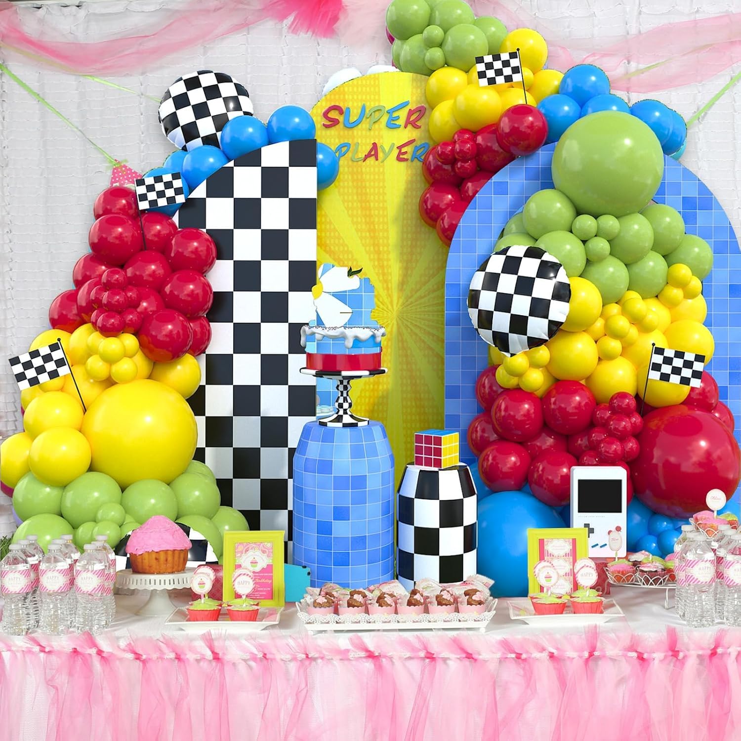 Kit de arco de globos, kit de guirnalda de globos rojo, azul, verde, amarillo, con cuadrícula negra y blanca de aluminio para decoraciones de