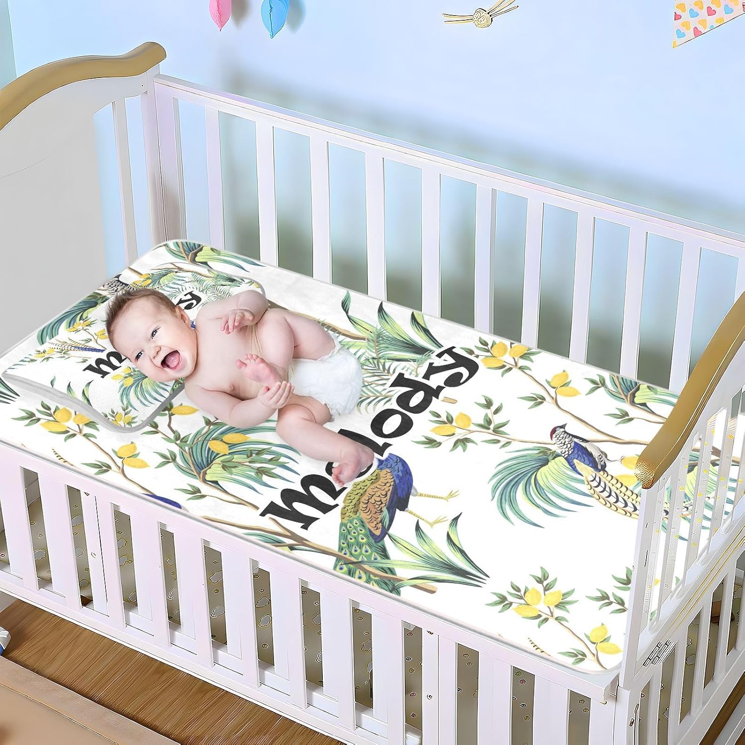 Custom Peacock Crib Mattress Protector Pad for Boys Girls Baby Ice Silk Mat Bed Playard Playpen Sheets Cooling Mattress Topper Play Mat for Standard