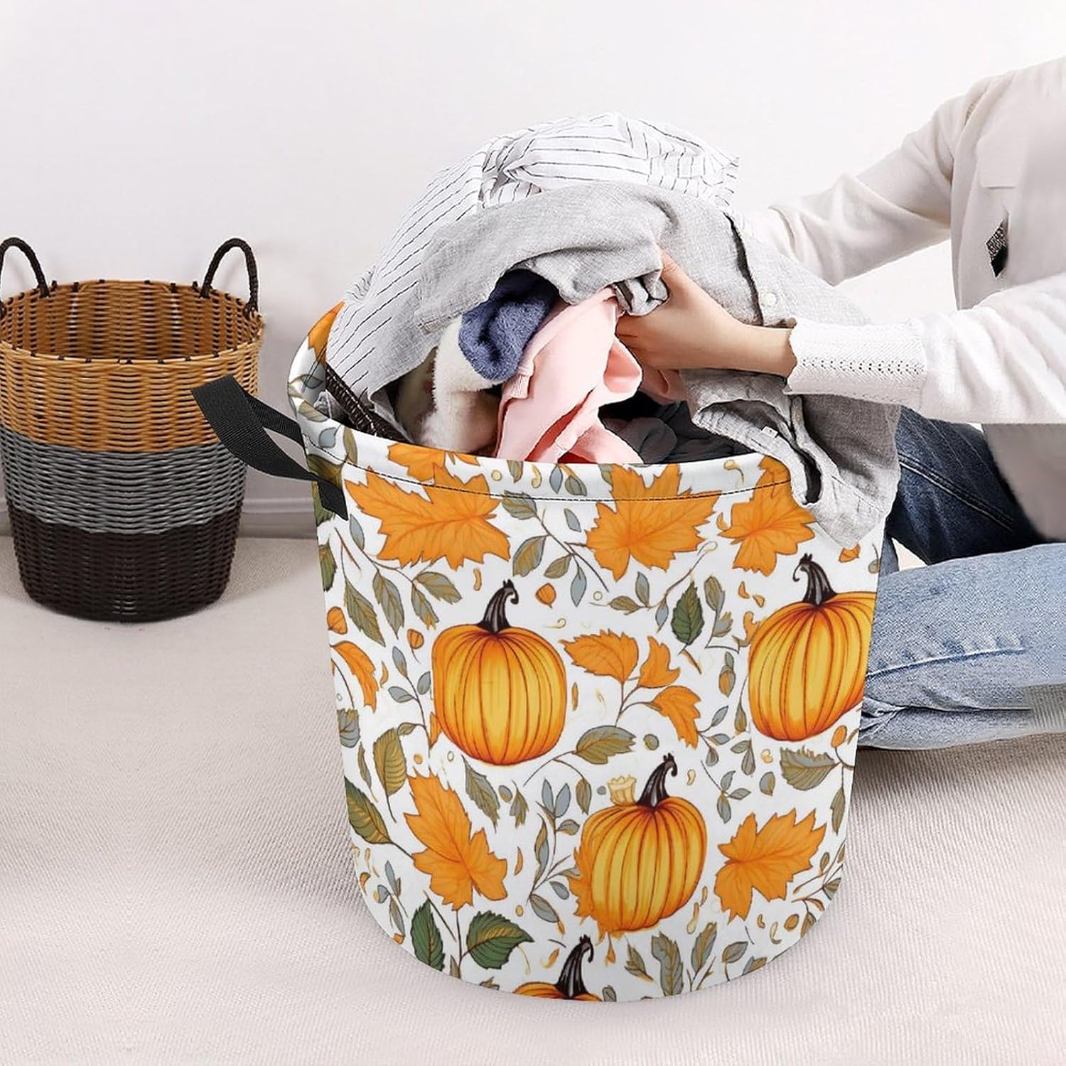 Autumn Pumpkin Storage Basket Fall Maple Leaves Waterproof Coating Organizer Bin Laundry Hamper for Clothes,Toys,Bedroom,Bathroom