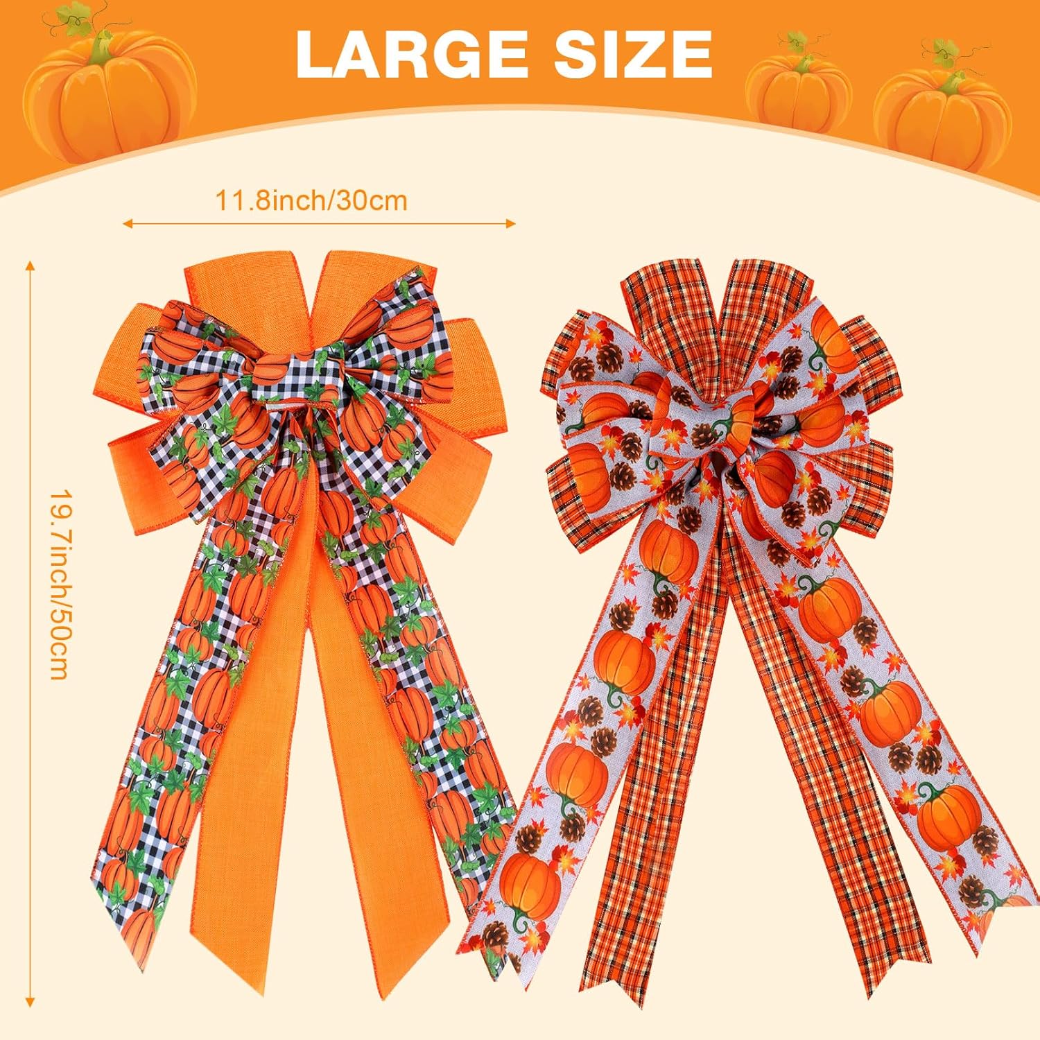 Arcos de corona de otoño de 11.8 x 19.7 pulgadas, lazos grandes de calabaza a cuadros, decoración de doble capa para árbol de Acción de Gracias,