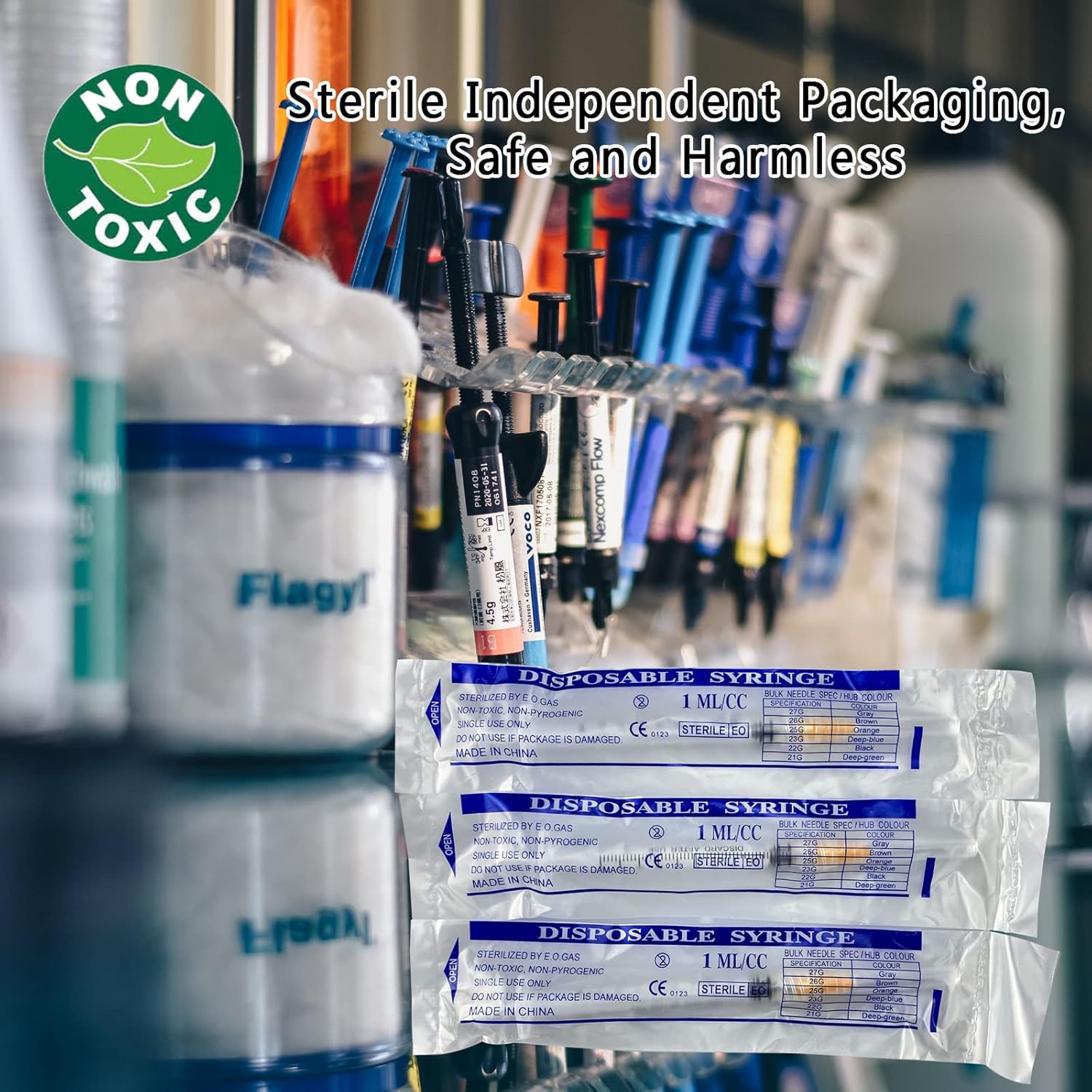 Paquete de 50 jeringas Luer Lock de 0.0 fl oz con agujas de 25Ga, jeringas y agujas de plástico desechables de embalaje individual para laboratorios