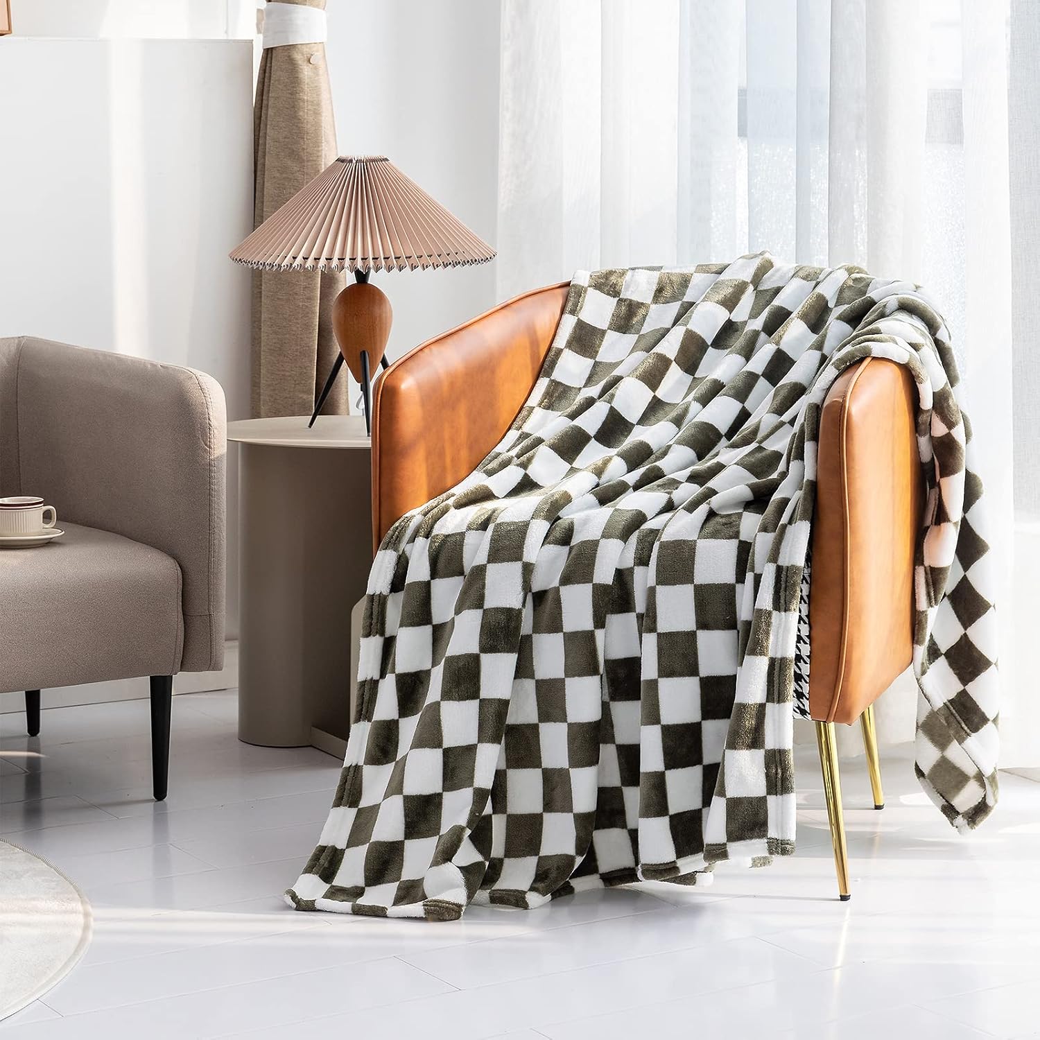 LOMAO Manta de franela con patrón de cuadrícula de ajedrez, suave, lujosa, cálida y acogedora para sofá y cama, para todas las estaciones (oliva