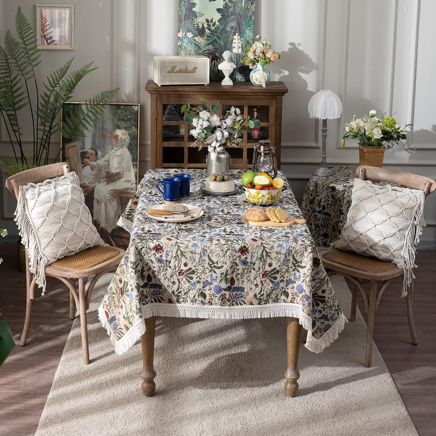 SUTAVIA Mantel floral francés hecho a mano de tela de algodón con encaje vintage con patrón de jardín de bayas de mesa, manta multiusos para el