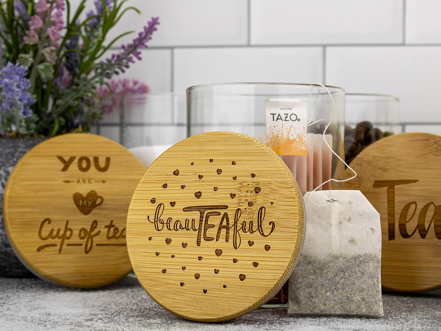 Recipientes herméticos de vidrio para almacenamiento de alimentos de 18.0 fl oz con tapa de bambú grabada personalizada, tarros decorativos de