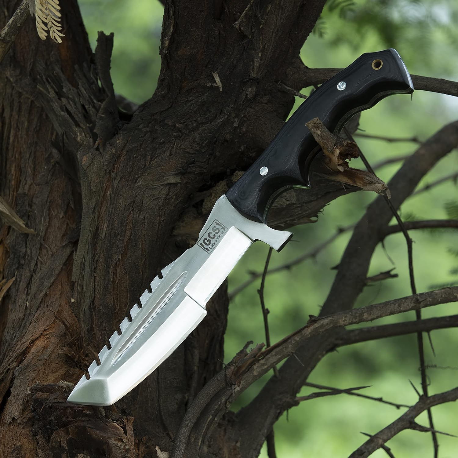 GCS – Cuchillo de caza hecho a mano D2, cuchillo de caza de acero G10, cuchillo de hoja fija, mano derecha, Scout, llevar funda de piel de búfalo y