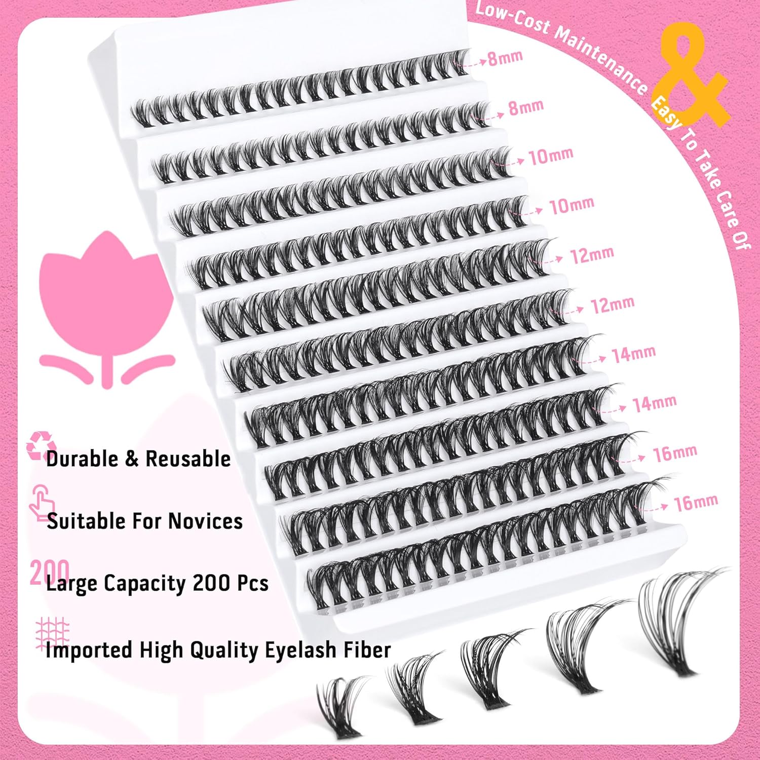 Kit de extensiones de pestañas individuales, 200 pestañas en racimo con unión de pestañas y sello y pinzas de pestañas, kit de extensión de pestañas