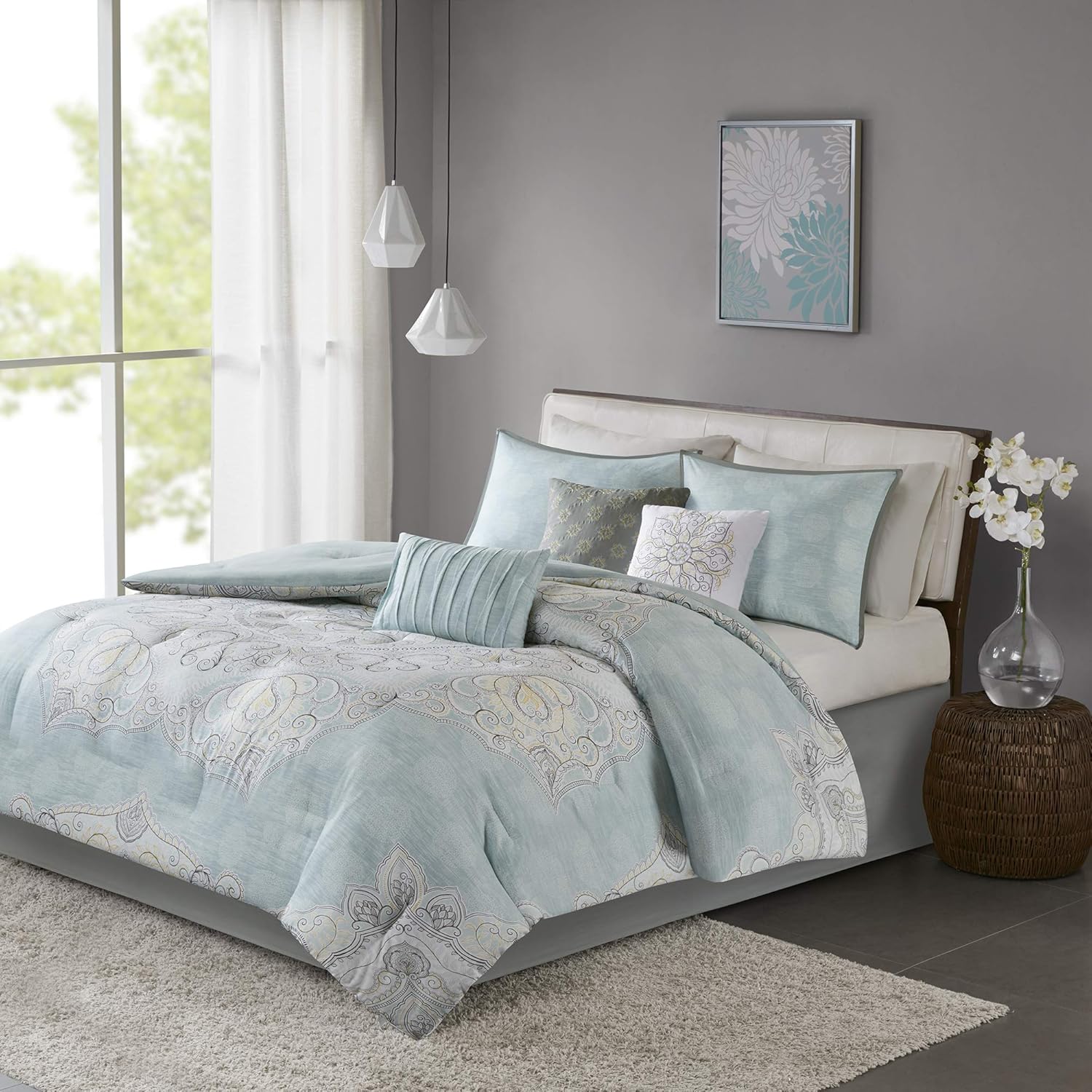 Madison Park – Juego de edredón reversible de 100% algodón con falda de cama a juego y almohadas decorativas