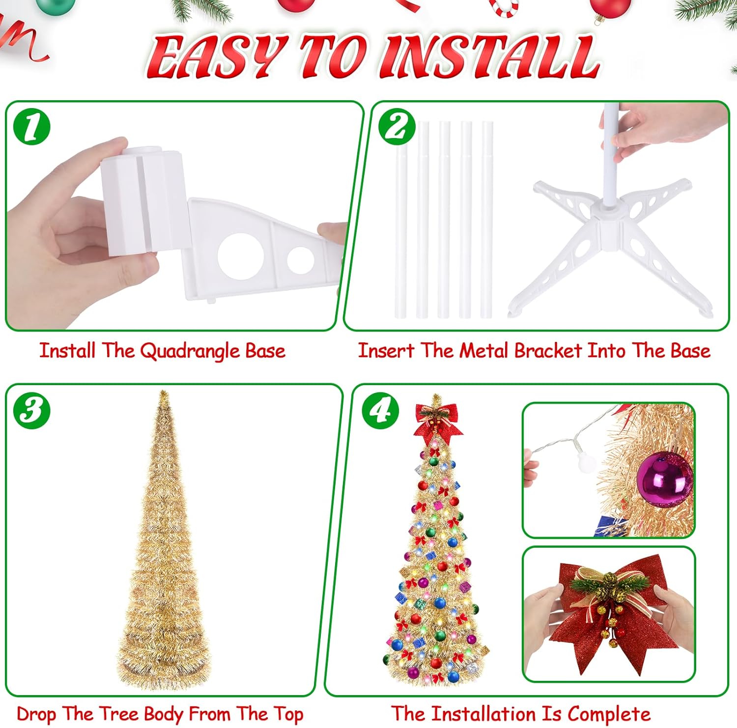 Árbol de Navidad desplegable, árbol de Navidad plegable de 5 pies con 30 luces LED multicolor, árbol de Navidad con bola de lazo, caja de regalo