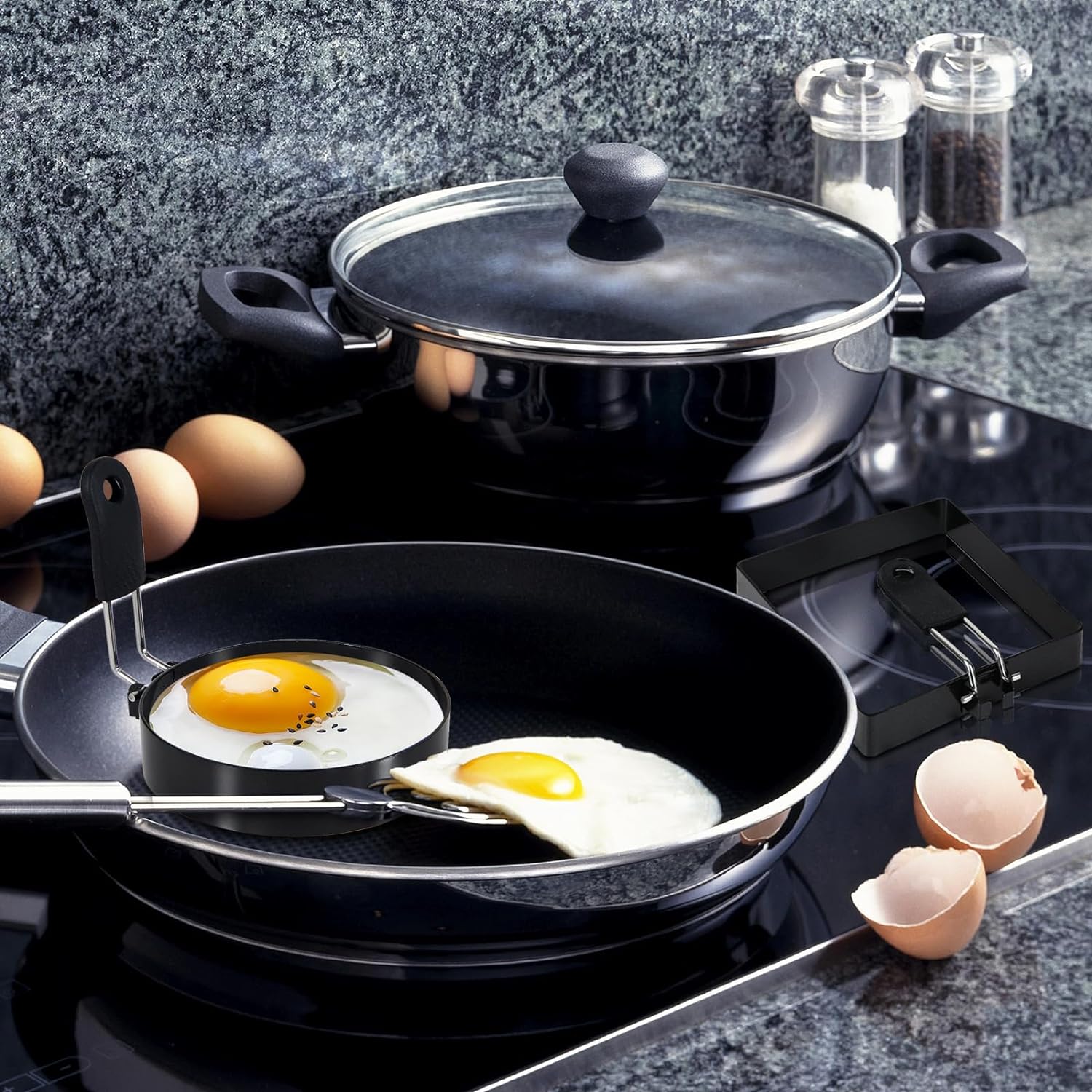 Juego de anillos de huevo redondos y cuadrados de 4 pulgadas con mango de silicona, anillos de cocina de huevos de acero inoxidable, antiadherentes,