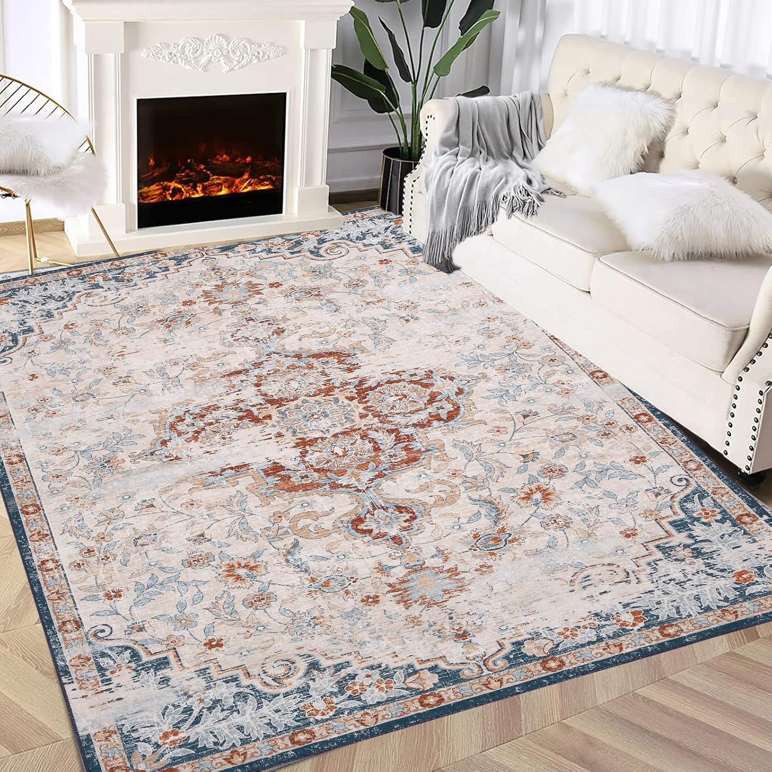 Fashionwu Alfombra lavable de 9 x 12 pies, diseño floral, estilo bohemio, con medallones, para dormitorio, sala de estar, 9 x 12 pies, alfombra