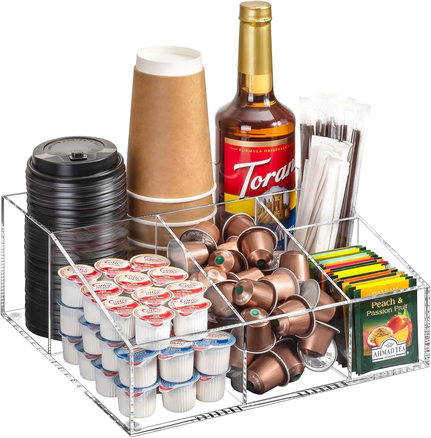 BEYGORM Organizador de acrílico para barra de café para encimera, sala de descanso de oficina, accesorios de almacenamiento de aperitivos, soporte