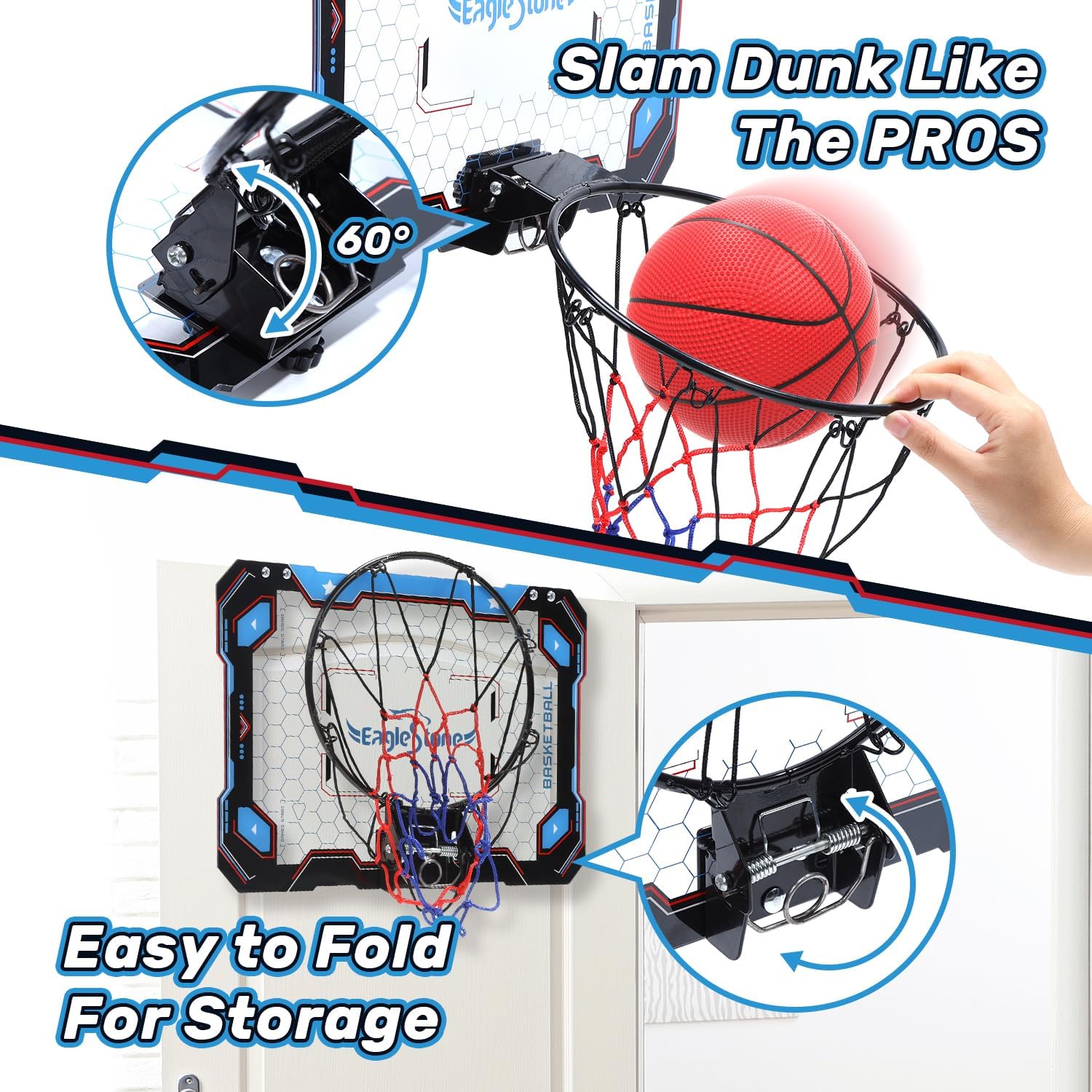 EagleStone Aro de baloncesto para interiores para niños, mini aros de baloncesto sobre la puerta, juego de baloncesto montado en la pared, juguetes