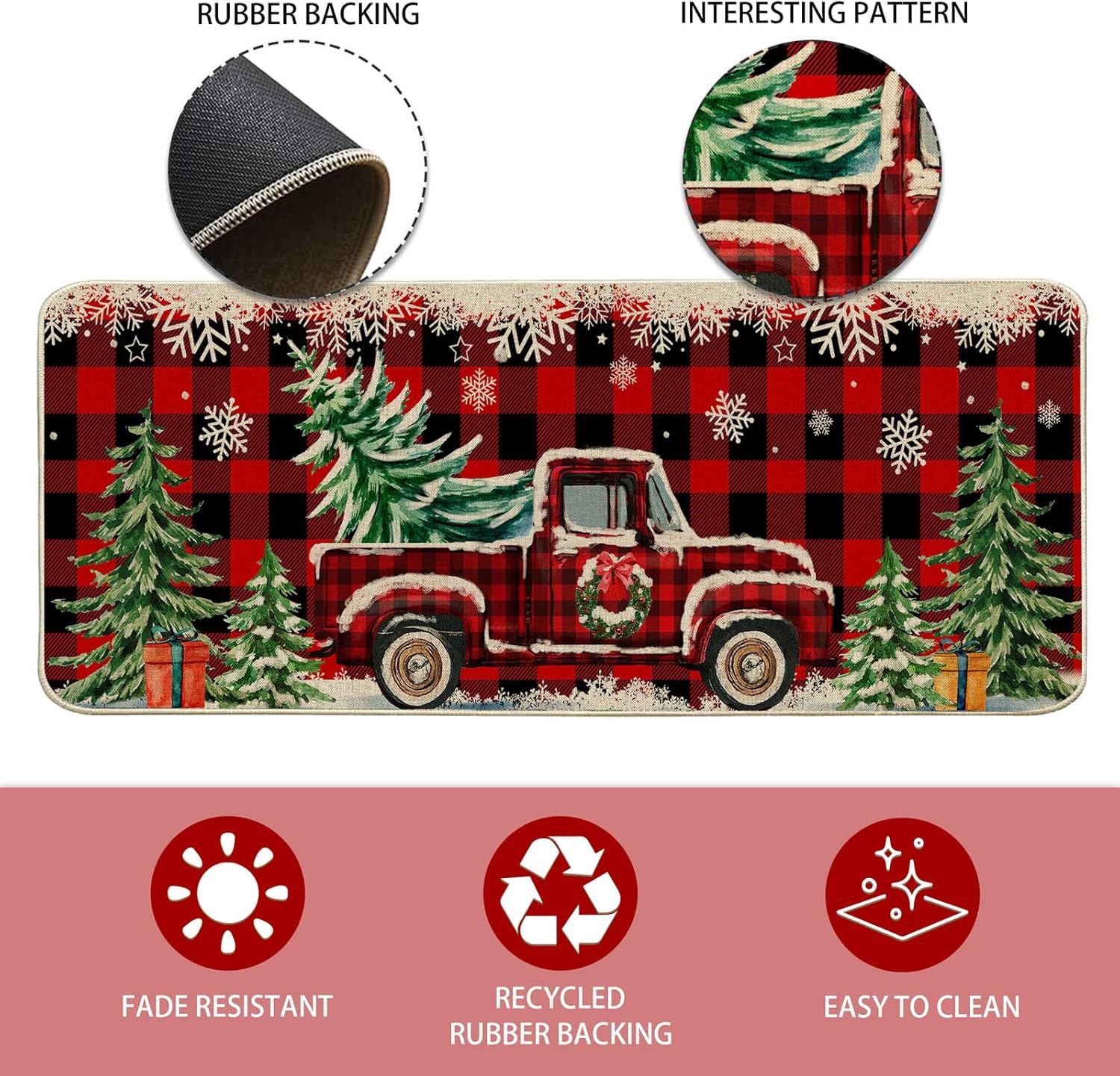 Juego de 2 tapetes de cocina de Navidad para piso, juego de 2 alfombras de cocina de Navidad, diseño de camión de granja, diseño de búfalo rojo,
