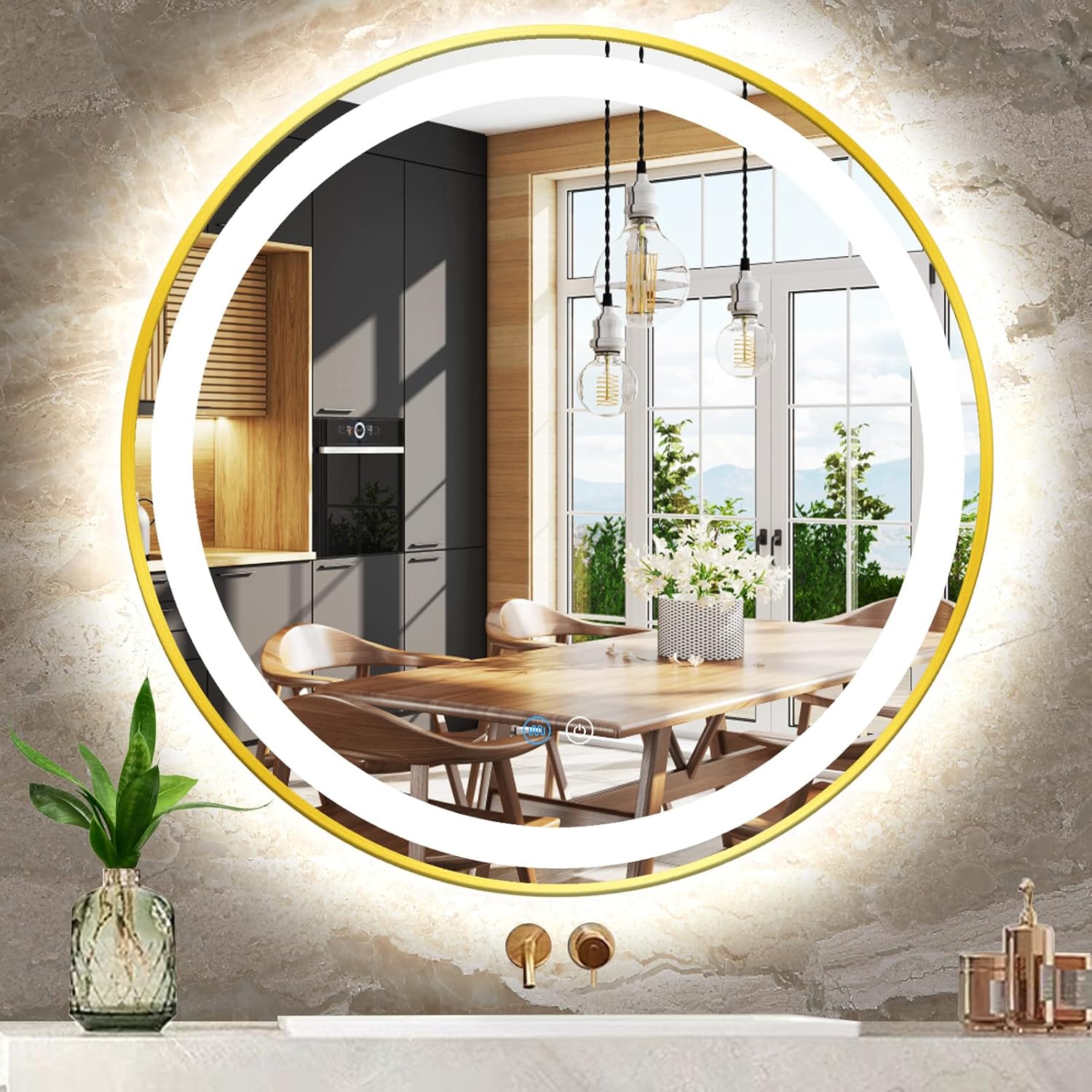 Espejo de tocador redondo dorado de 30 pulgadas con luces, marco dorado, espejo redondo iluminado para baño, círculo de pared, espejo LED redondo