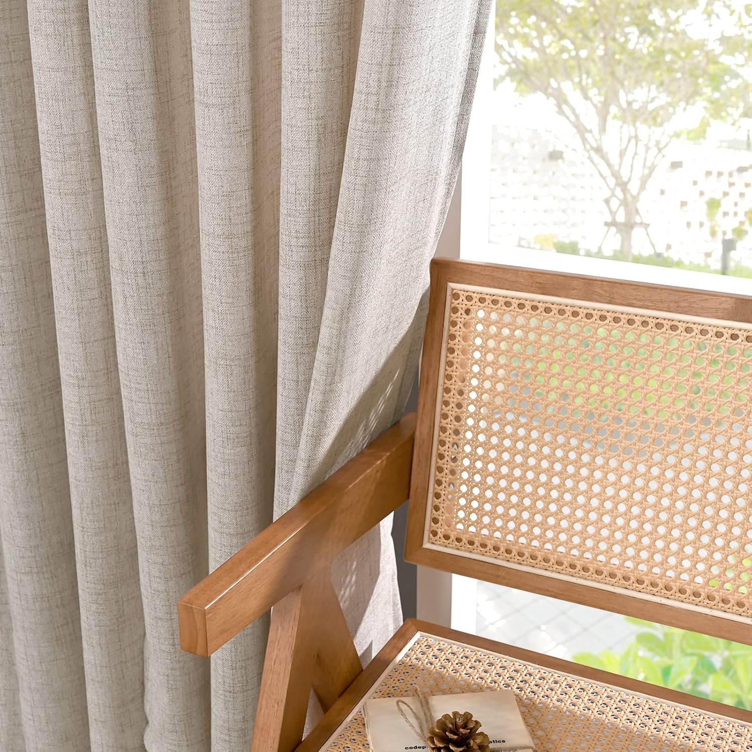 YoungsTex Cortinas de lino corto natural de 54 pulgadas de largo para ventana, cortinas texturizadas de lino con ojales de bronce, cortinas