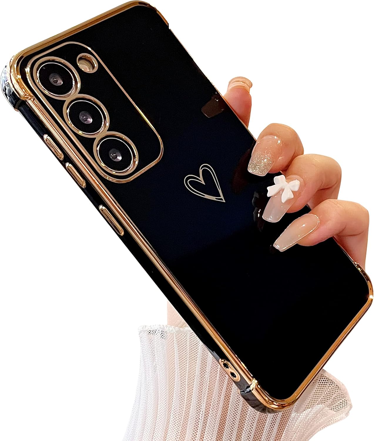 DEFBSC Funda compatible con Samsung Galaxy S23 con corazón dorado, borde chapado de lujo, protección completa de la cámara, para mujeres y niñas,