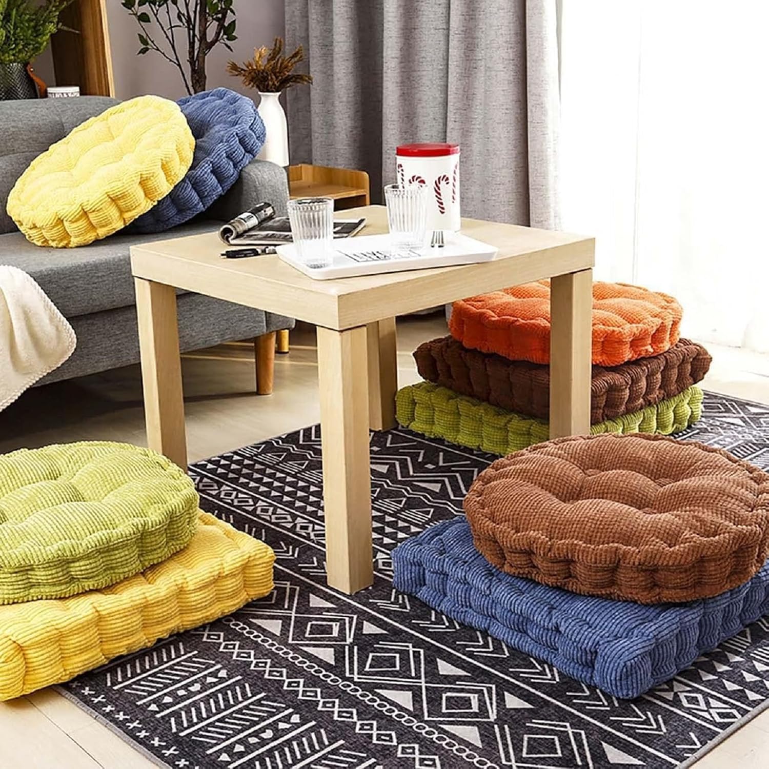 Jhorxa Juego de 2 almohadas de suelo de meditación, cuadradas y redondas, para adultos, cojín de pana copetuda para balcón, exterior, tatami y sala