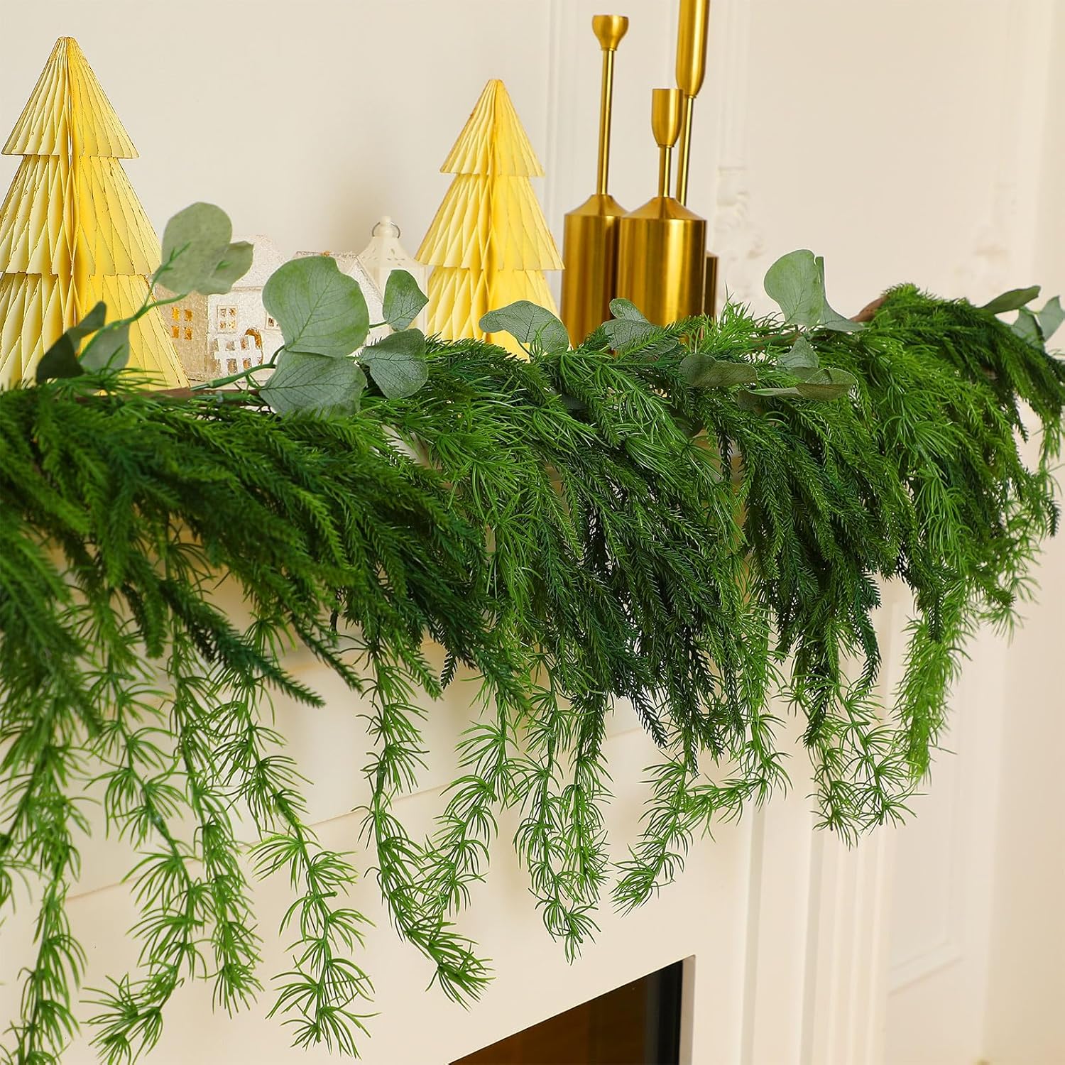 Guirnalda de pino Norfolk de Navidad, guirnalda artificial de vegetación sintética para decoración de manto interior de vacaciones (9 pies, 1 unidad)