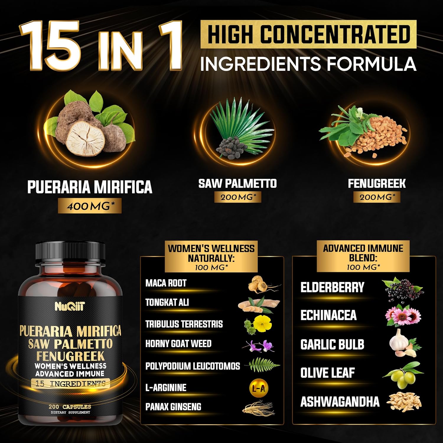 Pueraria Mirifica Extracto 101 de fenogreco con suplemento de bienestar inmunológico y para mujeres de 1000 mg – Saw Palmetto, raíz de maca, saúco y