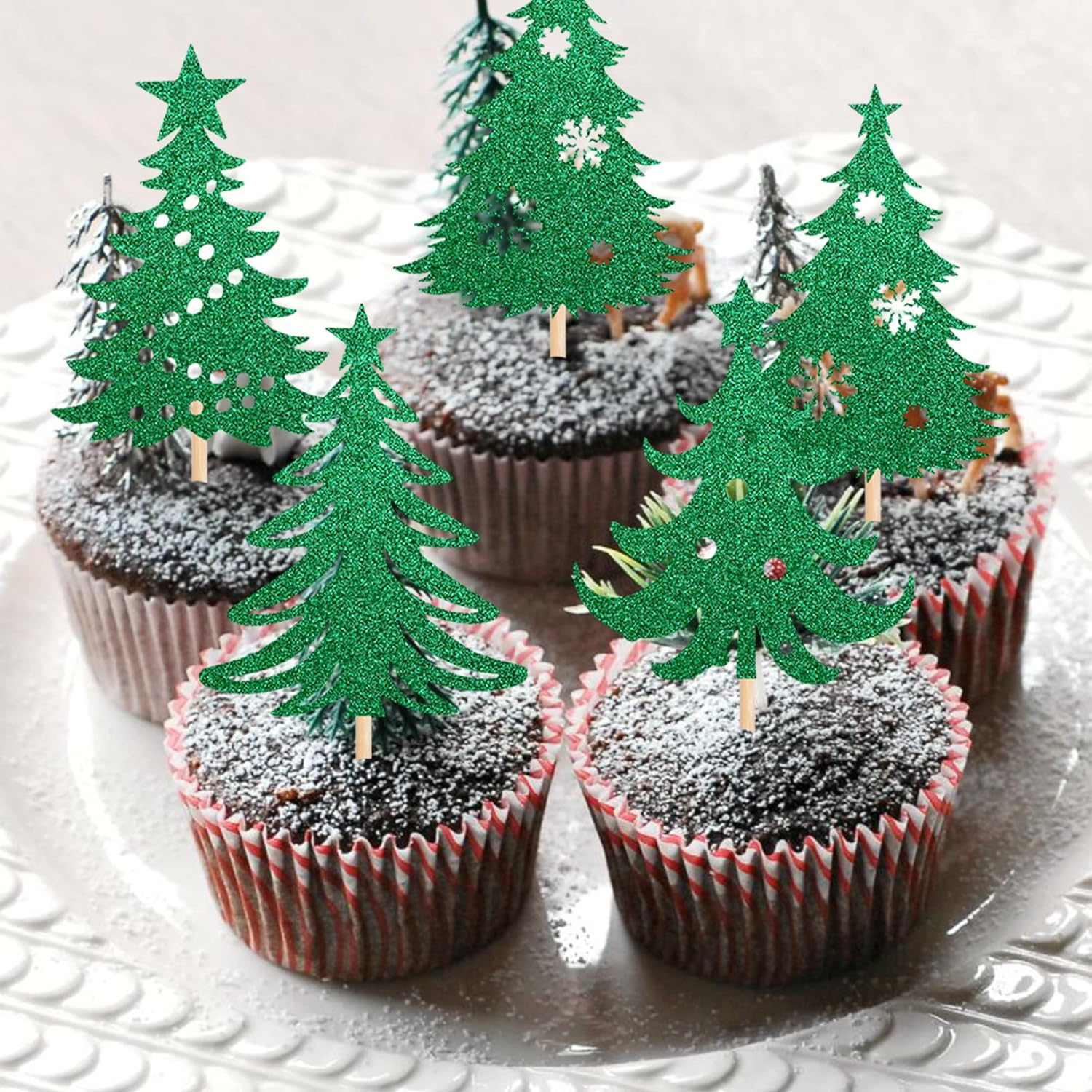 24 piezas de adornos para cupcakes para árbol de Navidad con estrella verde purpurina para árbol de Navidad para temática de Feliz Navidad, Año